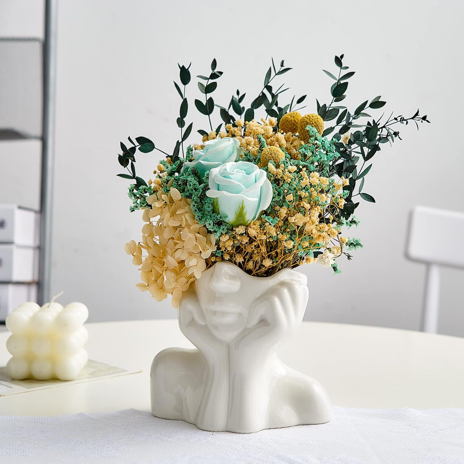 FJS Ceramic Face Vase, White Flower Vase for Decor, 5.3" W x 4.7" H Modern Decorative Vase Centerpiece for Table Shelf Living Room Office Bedroom