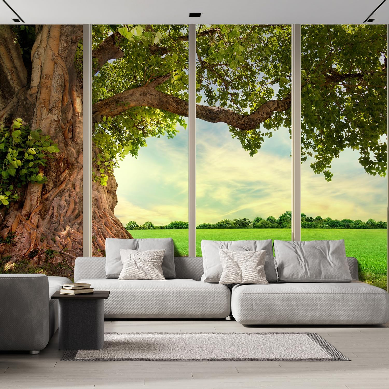 wall26 - Large Wall Mural - Old Tree and Meadow Seen Through Sliding Glass Doors | 3D Visual Effect Self-Adhesive Vinyl Wallpaper/Removable Modern Decorating Wall Art - 66"x96"