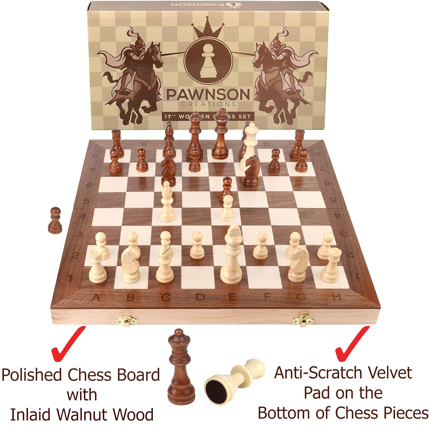 Wooden Chess Set 17 In Staunton Chess Set - Large Folding Chess Board Game Sets - Storage For Pieces | Wood Pawns - Unique E-Book For Beginner - 2 Extra Queens | For Kids & Adults
