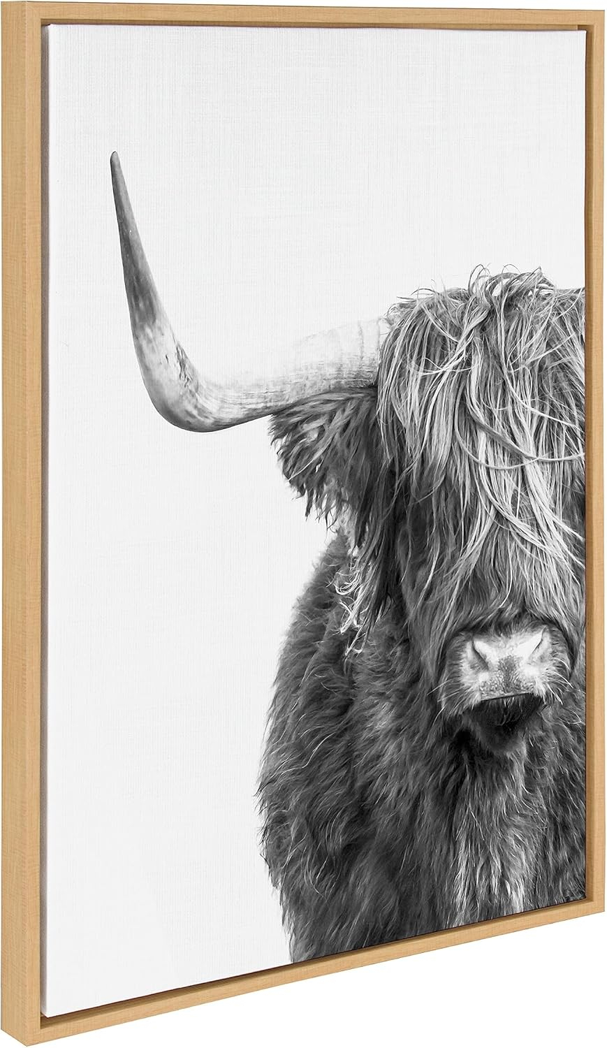 Kate and Laurel Sylvie B&W Highland Cow No. 1 Framed Canvas Wall Art by Amy Peterson Art Studio, 23x33 Natural, Black and White Animal Portrait Art