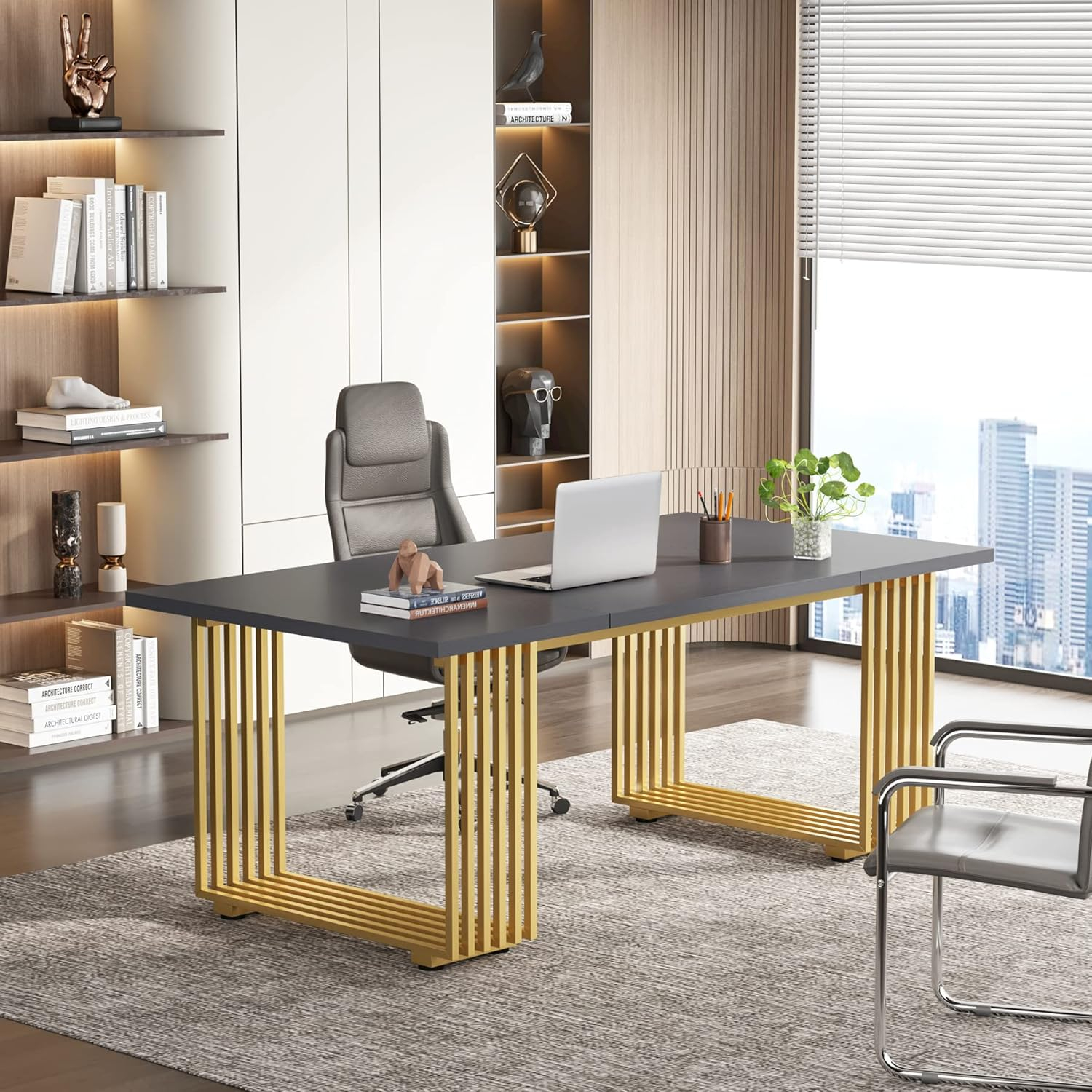 Tribesigns 70.9" Executive Office Desk, Modern Conference Desk with Metal Frame, White Gold