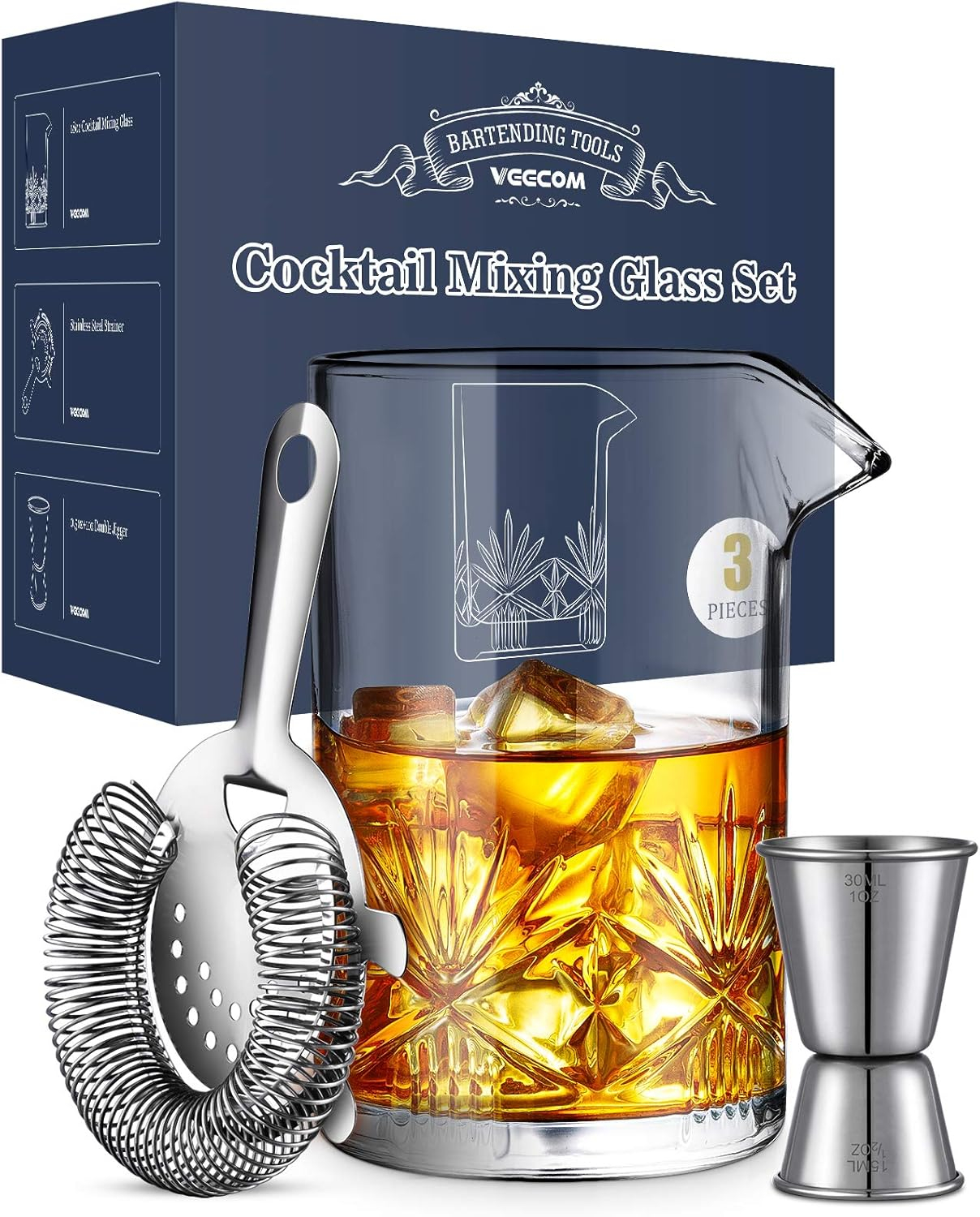 Cocktail Mixing Glass, veecom 18oz Crystal Bartender Kit, 3 Piece Old Fashioned Cocktail Set with Strainer, Jigger, Bar Tools Cocktail Shaker Set, Cocktail Mixer Stirring Glass