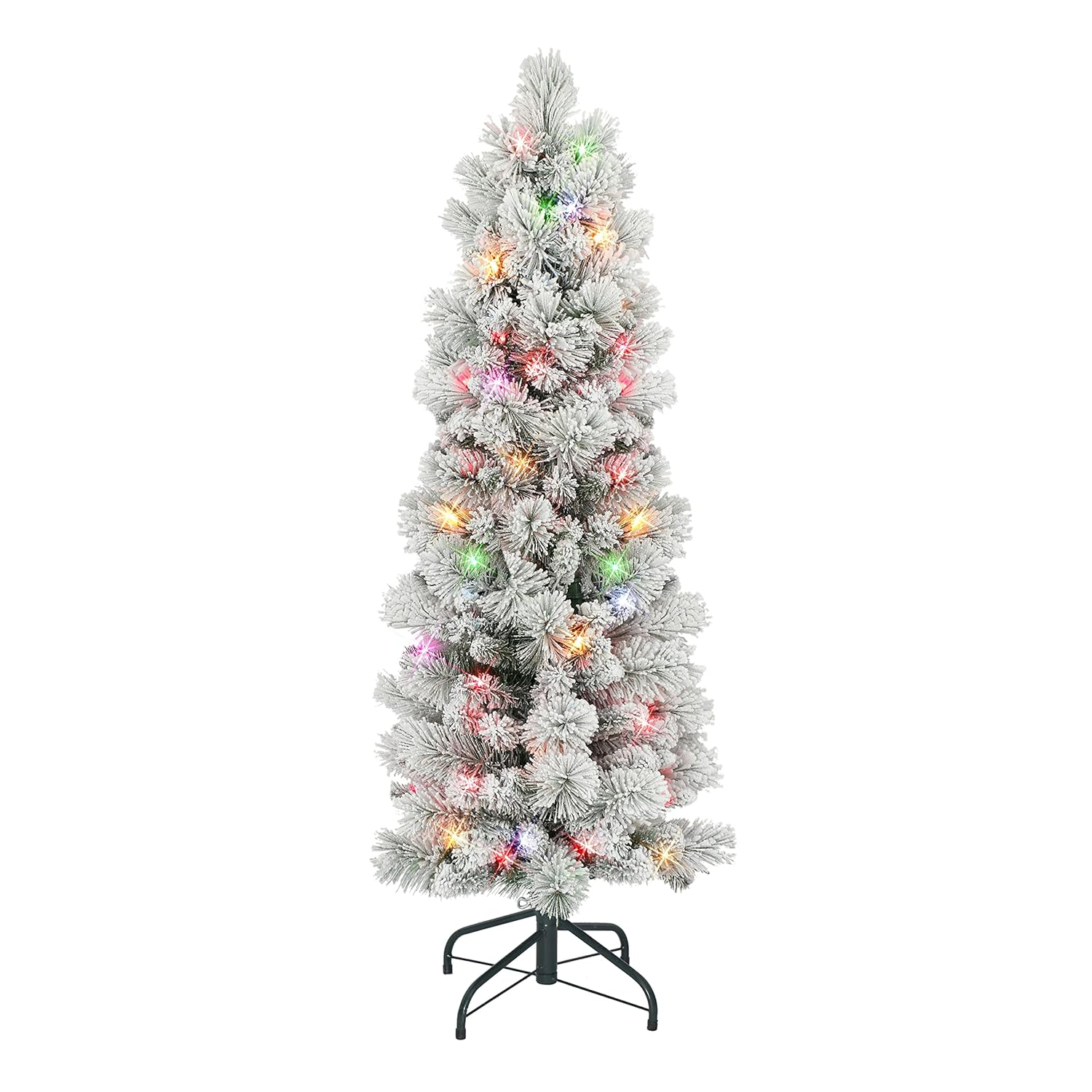 4.5 ft Flocked Portland Pine Pencil Tree with 195 tips 100 Multi-color Incandescent Lights