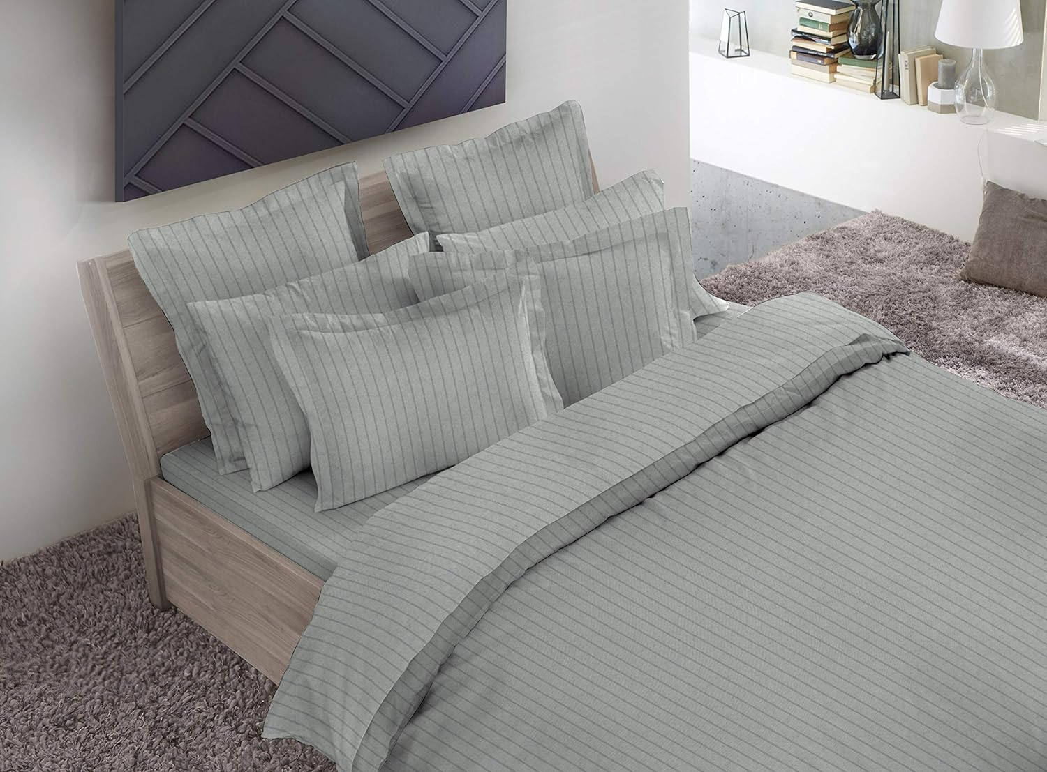 Dormisette  Luxury German Flannel 6-ounce Hemstitch Bed Sheet Set heather light grey stripe Queen Flannel, Cotton Striped Farmhouse, Modern &