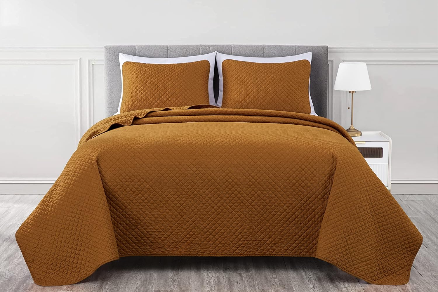 Chezmoi Collection Avon Diamond Geometric Solid Cotton Lightweight Quilt for All Seasons, 3-Piece Quilt Set, Queen, Spice Orange