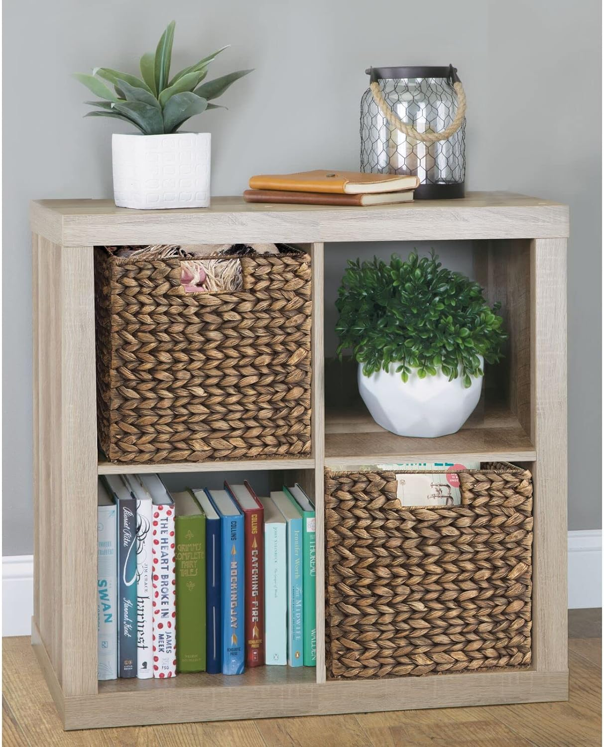mDesign Hyacinth Woven Cube Bin Basket Organizer, Handles, 2 Pack, Brown Wash
