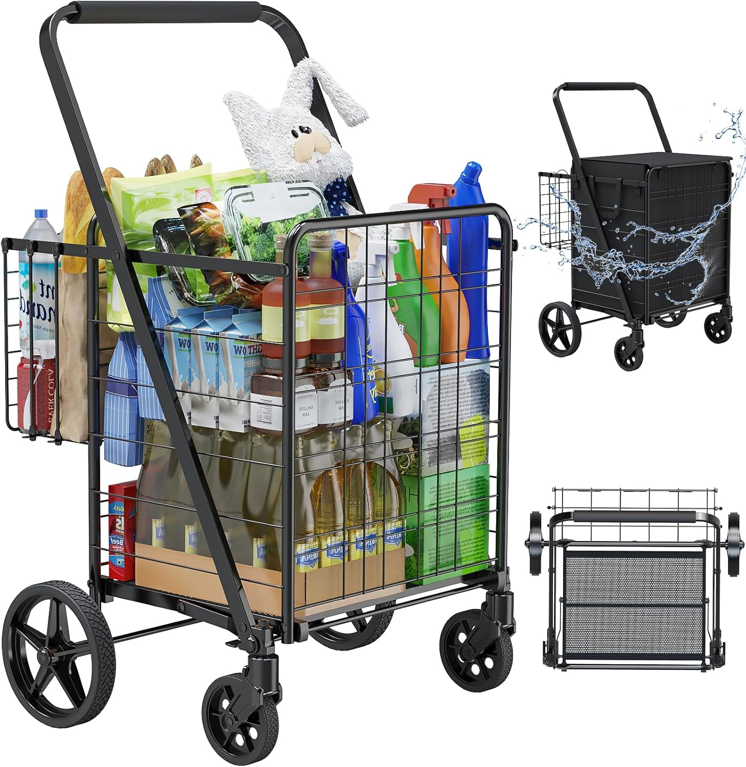 Exlonjet Folding Shopping Grocery Cart Metal Rolling Cart with Double Basket Non-Slip Handle and Swivel Wheels, Light Weight Utility Cart for Laundry Book Luggage Travel
