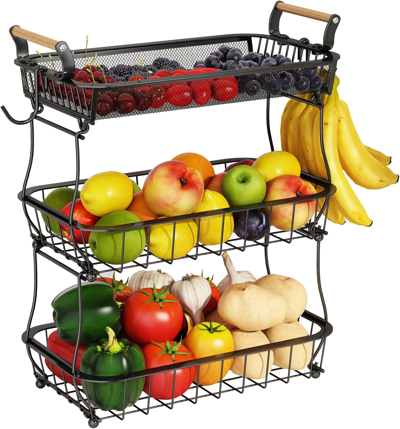 3 Tier Fruit Basket Bowl with 2 Banana Hangers for Kitchen Counter, Vegetable Countertop Produce Storage Holder, Large Capacity Metal Wire Fruits Stand Organizer for Onion Potato Bread Snack, Black