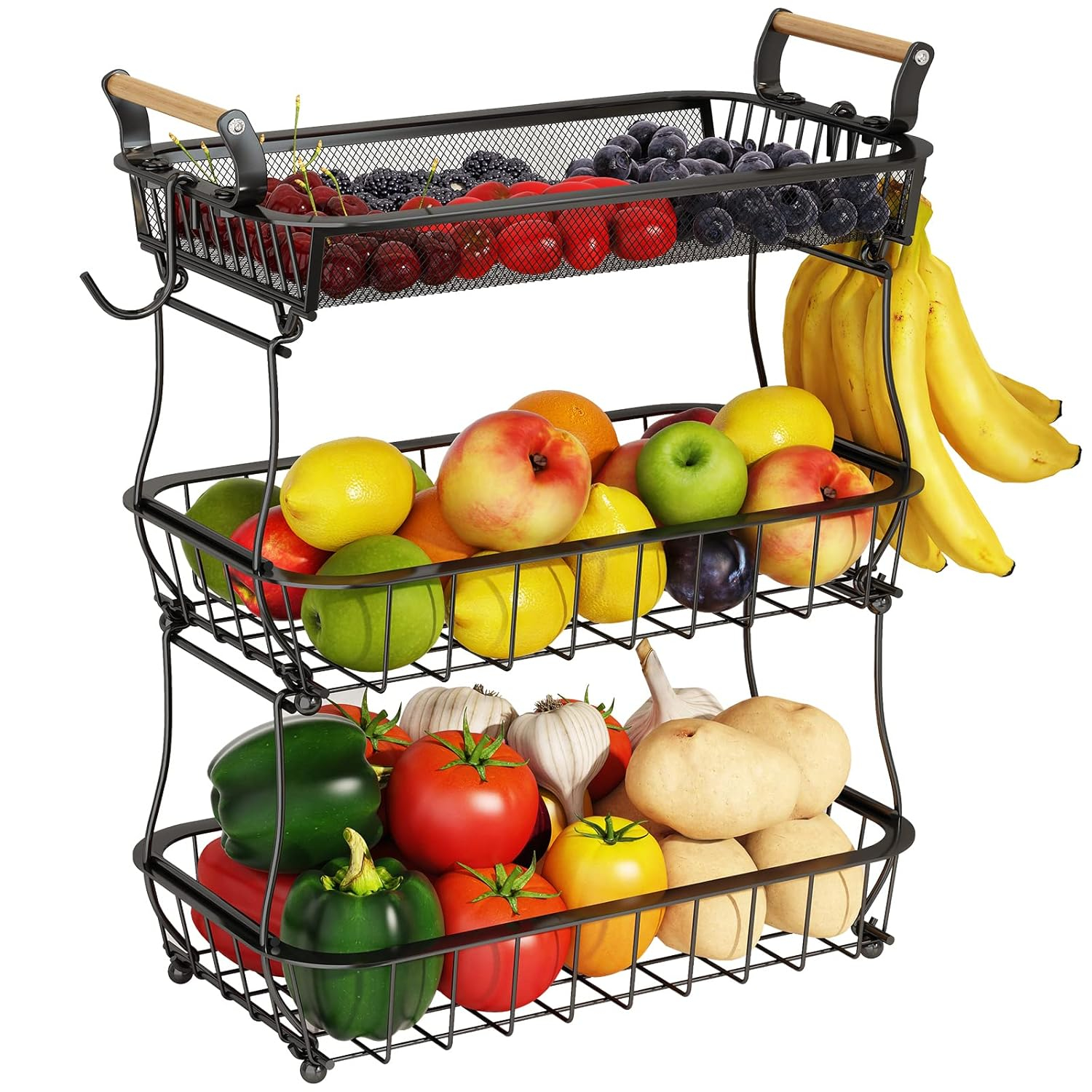 3 Tier Fruit Basket Bowl with 2 Banana Hangers for Kitchen Counter, Vegetable Countertop Produce Storage Holder, Large Capacity Metal Wire Fruits Stand Organizer for Onion Potato Bread Snack, Black