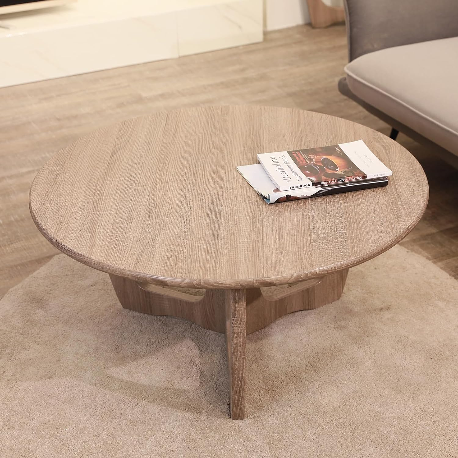 FINECASA Wooden Round Coffee Table, Curved Leg, Furniture, Accent Couch, Coffee Table for Livingroom, Round Wood Table, 36 x 18 Inches, Natural