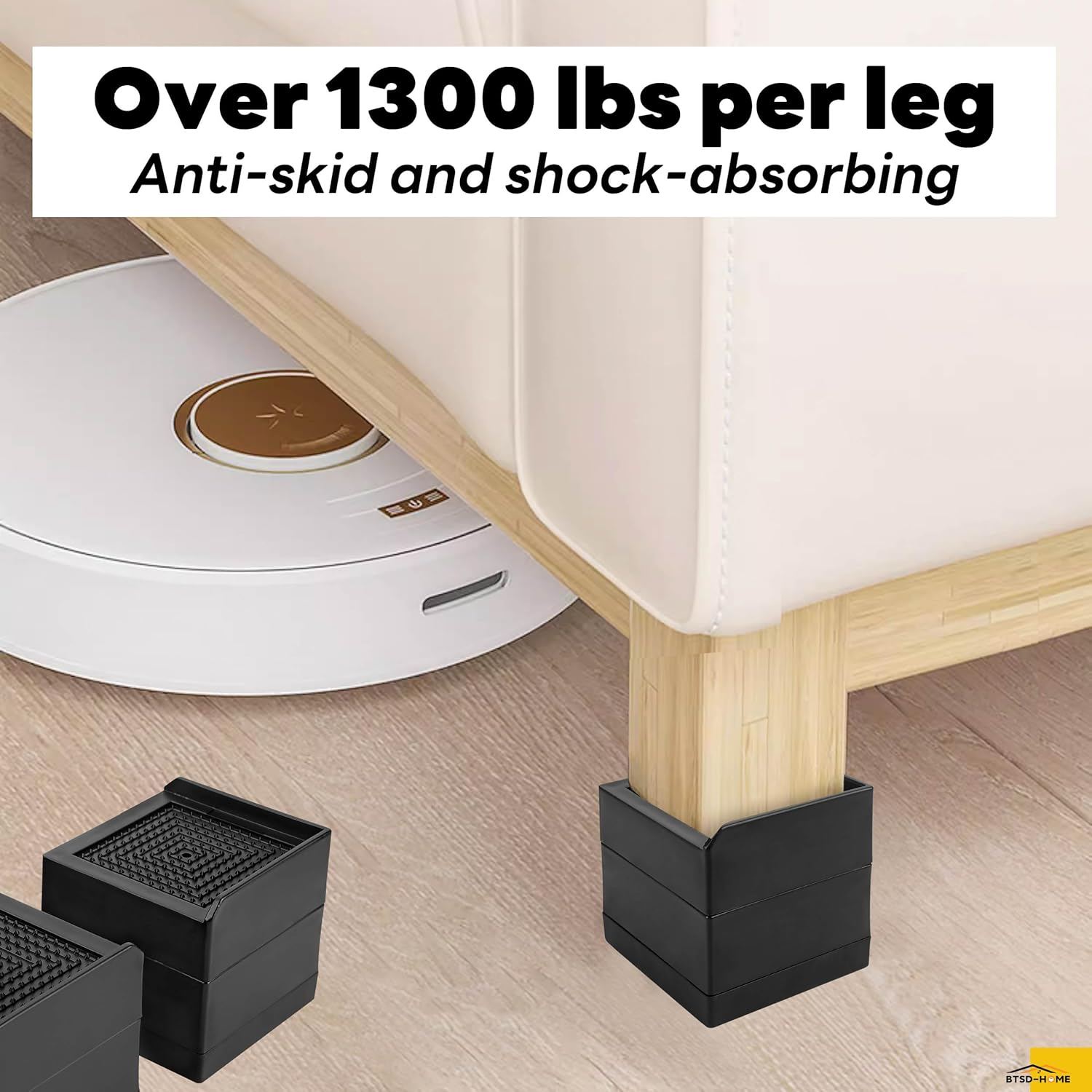 BTSD-home Bed Risers Heavy Duty Adjustable Furniture Risers Elevation in Heights 1 or 3 Inch Bed Frame Lifts Risers for Dorm Beds, Sofas 4 Pack Black Square