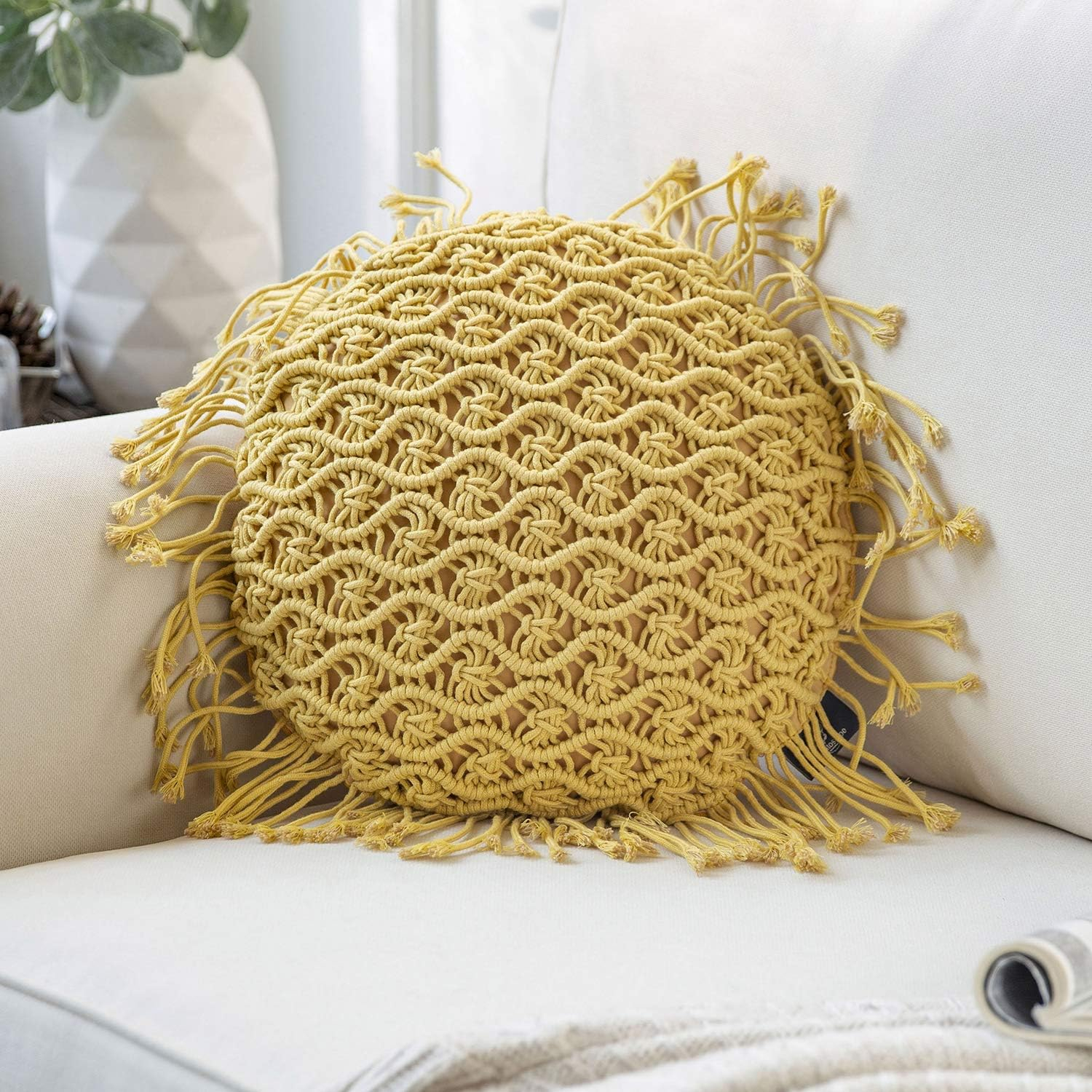 Phantoscope Macrame Cotton Handmade Crochet Woven Boho Throw Pillow with Tassel Cute Farmhouse Pillow Insert Included Lumbar Small Decorative Cushion for Couch Sofa, Ginger,16 inches Round