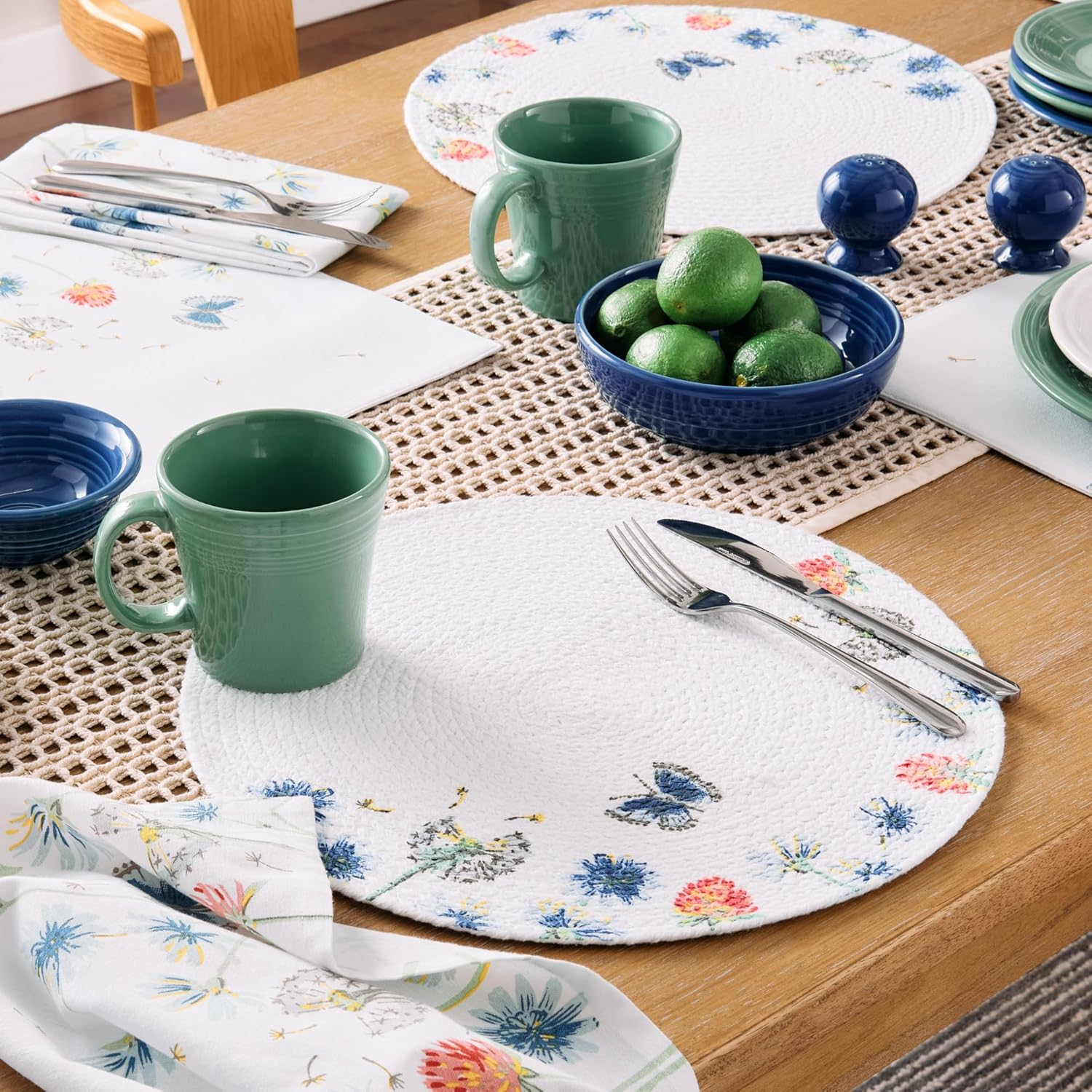 Handwoven Cotton Floral Round Placemats Set in White, Blue, and Pink