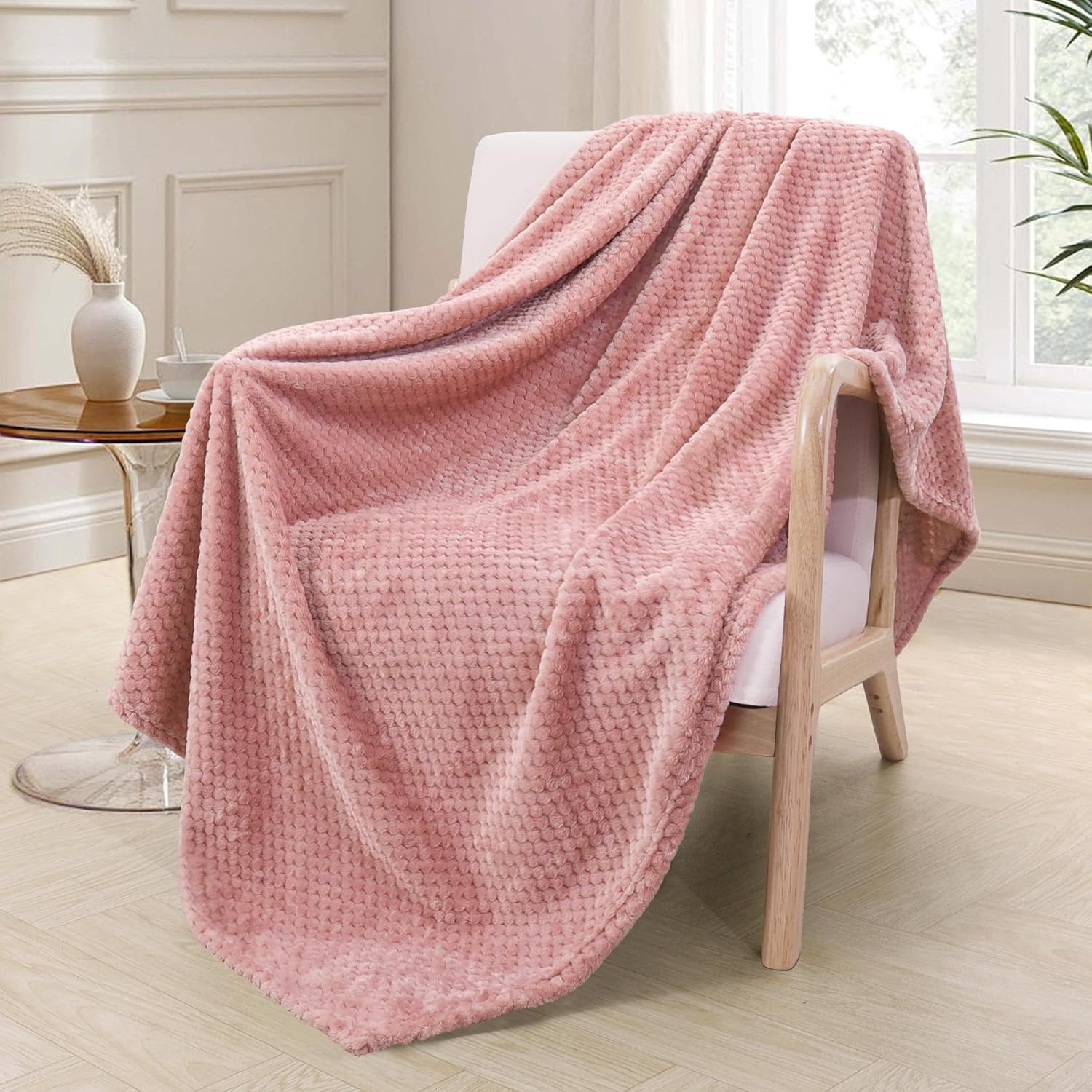 Exclusivo Mezcla Waffle Textured Extra Large Fleece Blanket, Super Soft and Warm Throw Blanket for Couch, Sofa and Bed (Dusty Pink, 50"x70")-Cozy, Fuzzy and Lightweight