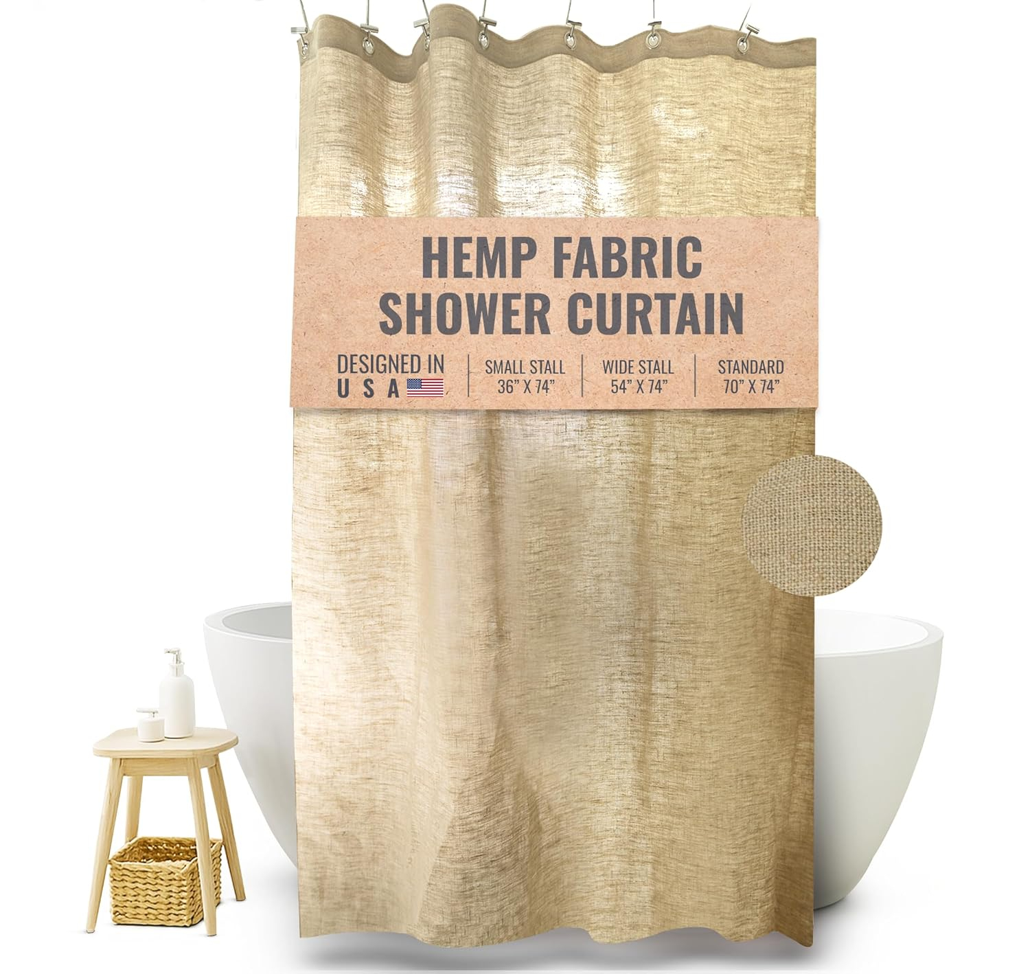 Natural Hemp 70x74" Stall Shower Curtain - Natural fabric Leakproof curtain for luxury bathroom decor - Natural