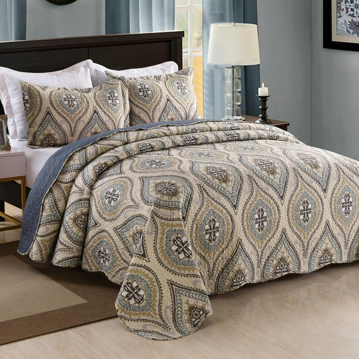 MarCielo 3 Piezas Edredón Ligero Rey, Edredón Impreso, Edredón Conjunto Ropa de Cama Manta Manta Coverlet Ligero Colcha Conjunto, Amarillo + Gris Oscuro, Tamaño King, Joni