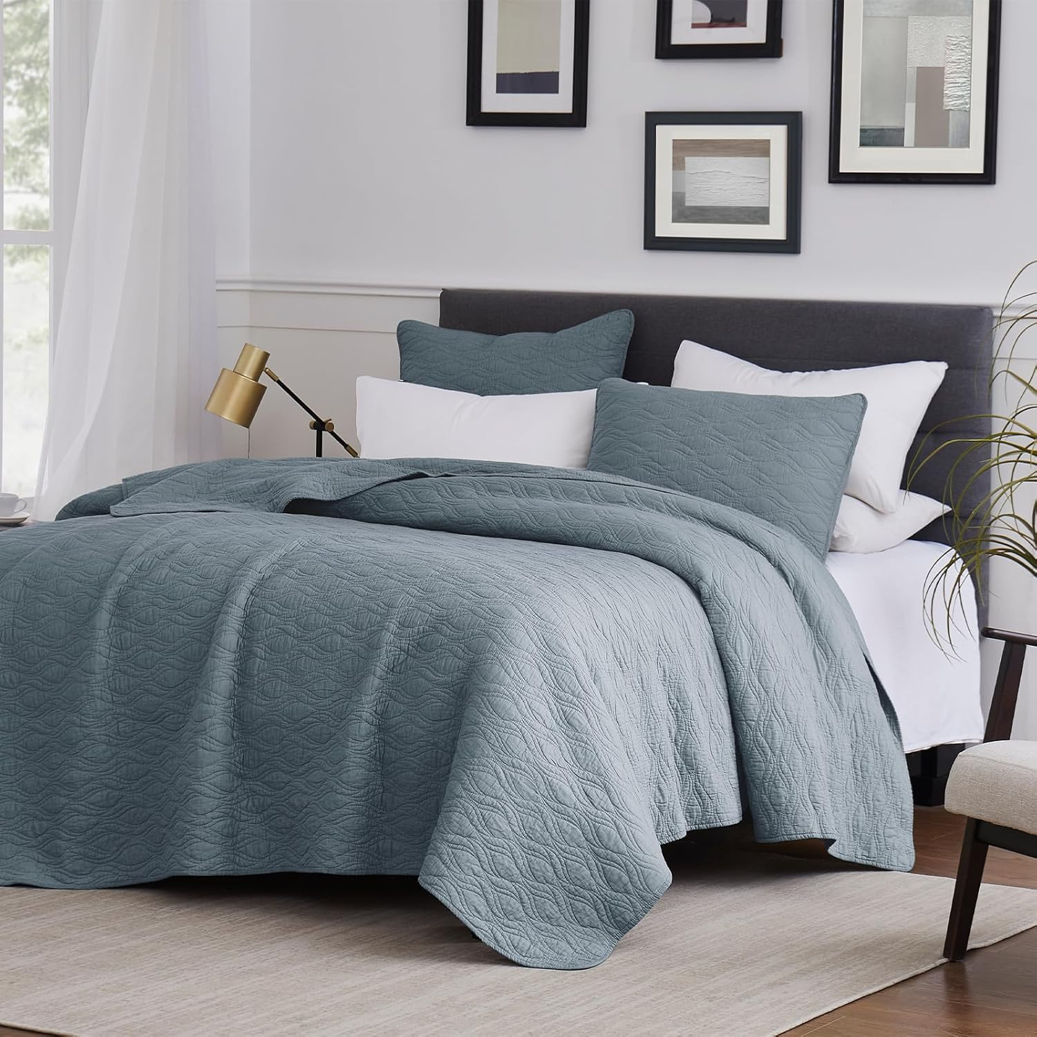 palassio Blue Cotton Quilt California Cal King Size Bedding Sets with Pillow Shams,Oversized Lightweight Soft Bedspread Coverlet, Cozy Bed Cover for All Season, 3 Pieces, 118x106 inches