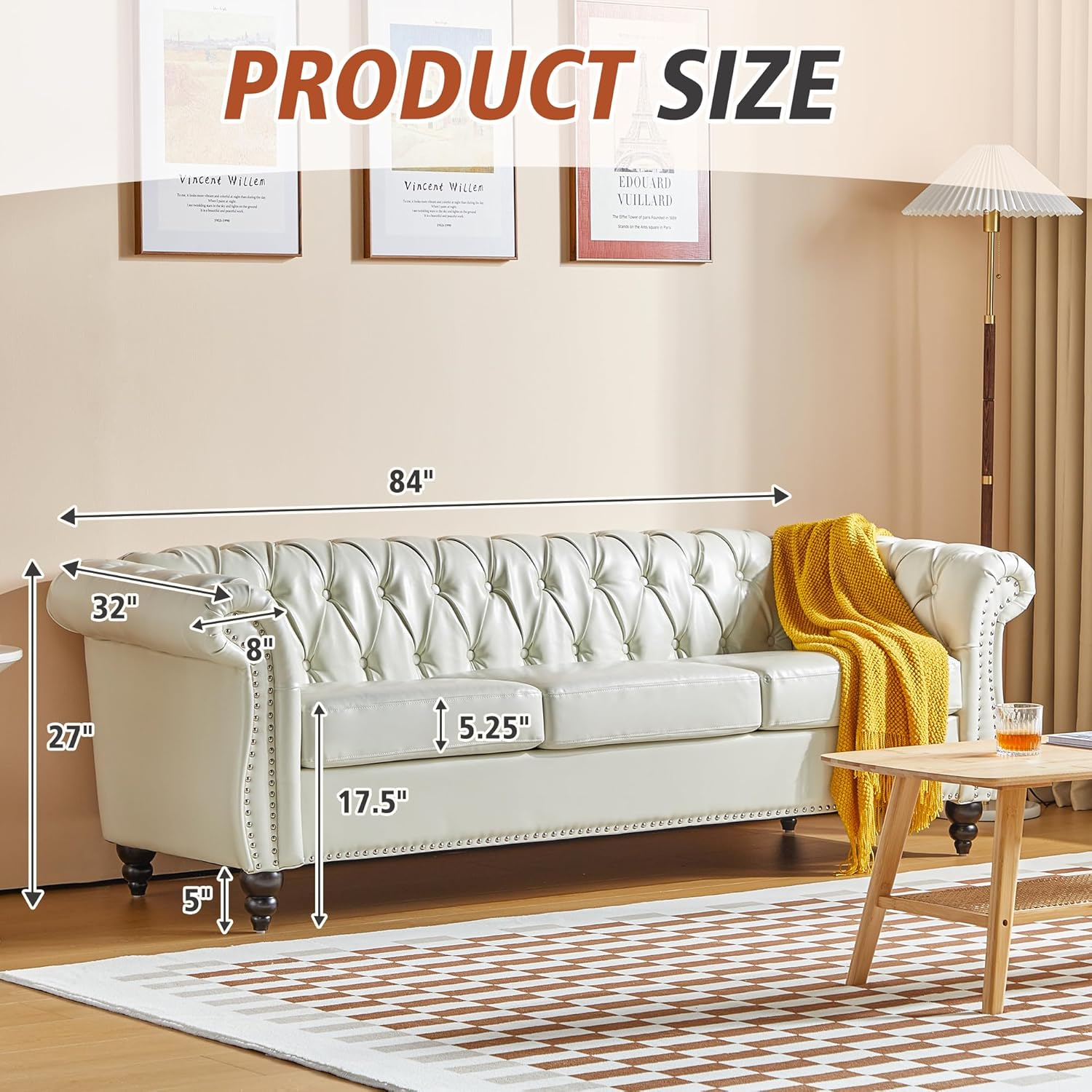 Chesterfield Sofa Faux Leather, Modern PU Tufted Couch 3 Seater with Rolled Arms and Nailhead for Living Room, Bedroom, Office, Apartment (White)