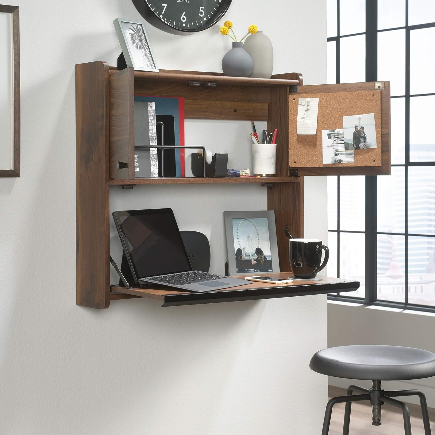 Sauder Harvey Par Floating Wall Desk, Grand Walnut Finish