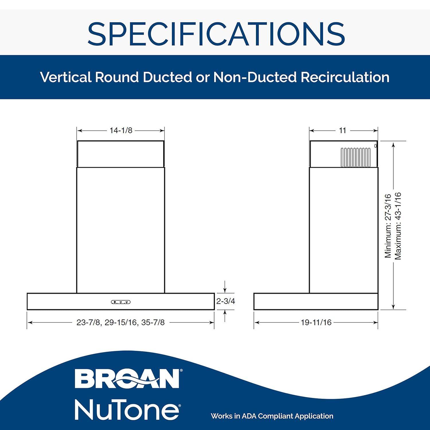 Broan-NuTone 24-inch Wall-Mount Chimney-Style Convertible Range Hood with 3-Speed Exhaust Fan and Light, 460 Max Blower CFM, Stainless Steel