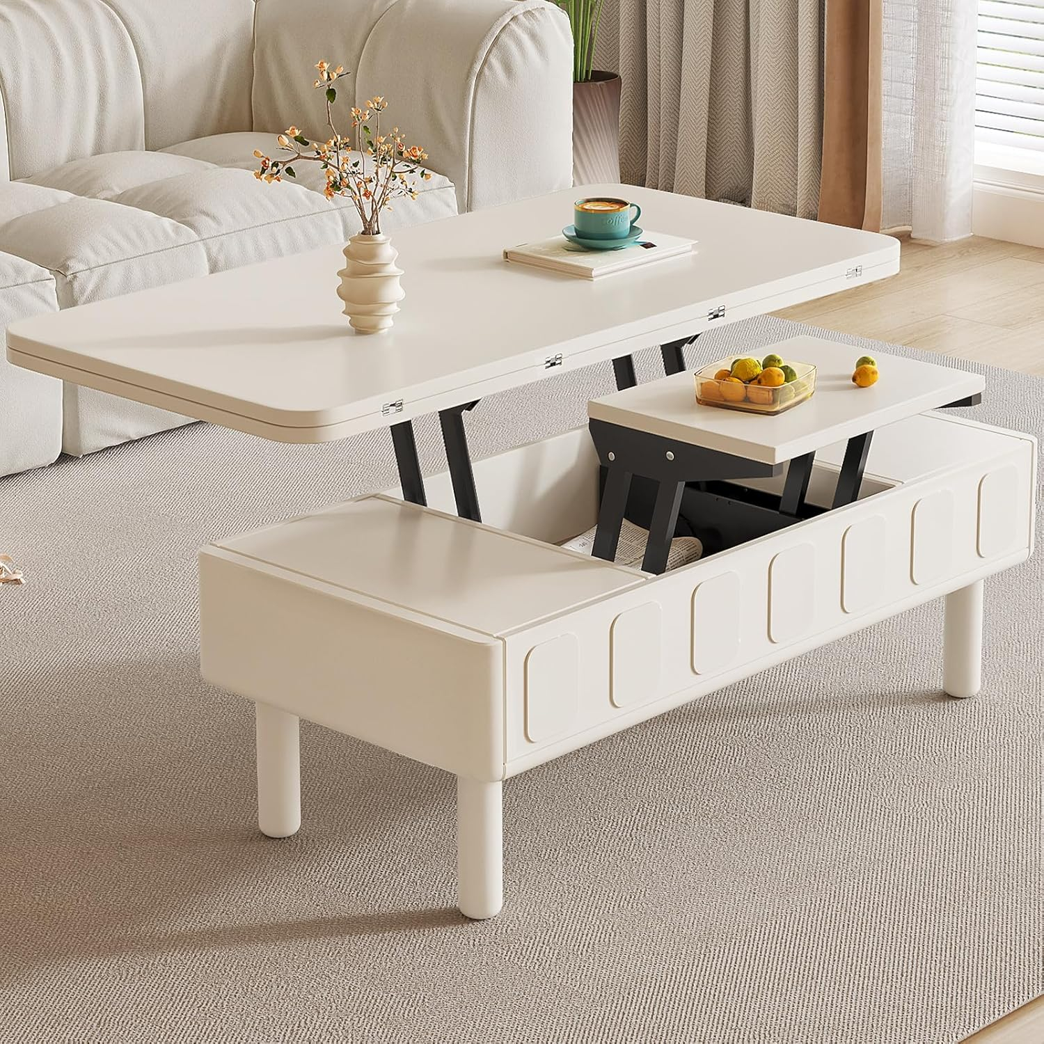 Guyii Extendable Coffee Table, 3-in-1 Lift Top Coffee Table with 2 Storage Drawers and Hidden Compartment for Living Room, Home, White