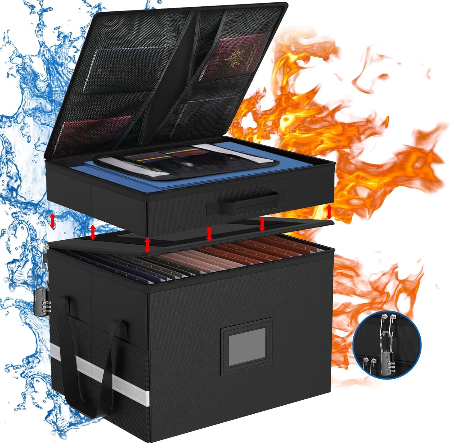 HAMOPY Modern Black Fireproof Document Box, 15.5 x 12.2 x 12.99 inches, 27 Compartments, Collapsible, Portable, Water Resistant, Zipper Closure