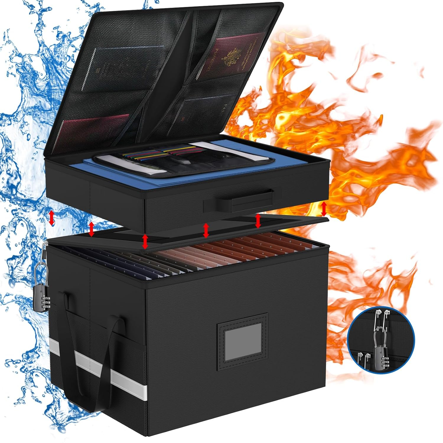 HAMOPY Modern Black Fireproof Document Box, 15.5 x 12.2 x 12.99 inches, 27 Compartments, Collapsible, Portable, Water Resistant, Zipper Closure