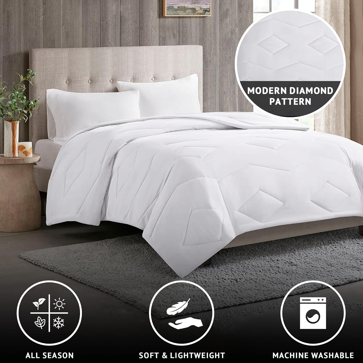 Madison Park Windom Down Alternative Comforter, Premium 3M Scotchgard Moisture Wicking Treatment, Lightweight and Soft Bed Cover For All Season, Diamond Quilt White Full/Queen