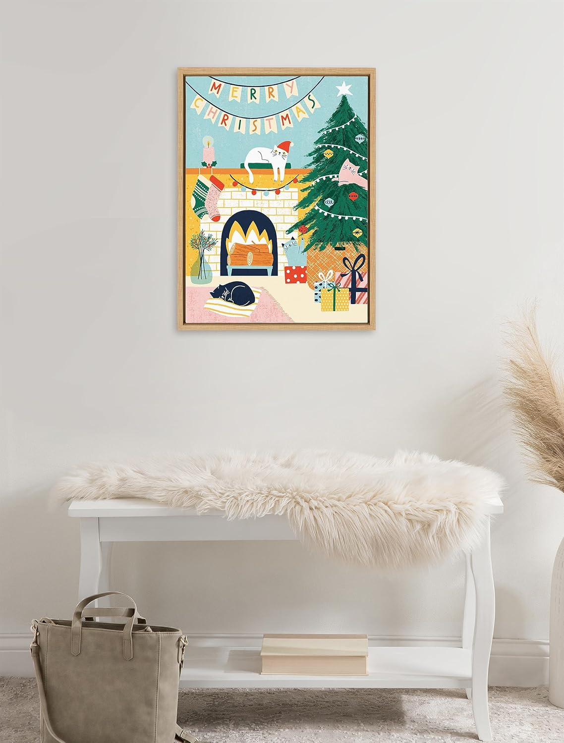 Kate and Laurel Sylvie TG Christmas Cats Framed Canvas Wall Art by Tania García, 18x24 Natural, Colorful Christmas Animal Art for Wall