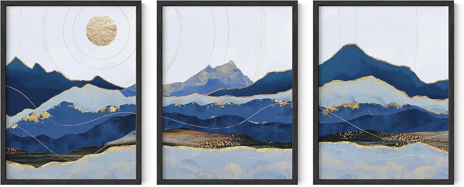 HAUS AND HUES Mountain Wall Art - Blue Wall Decor Nature Wall Art Set of 3, Modern Wall Decor, Landscape Wall Art, Abstract Art Wall Decor, Mountain Art Framed Wall Art Set (12x16, Black Framed)