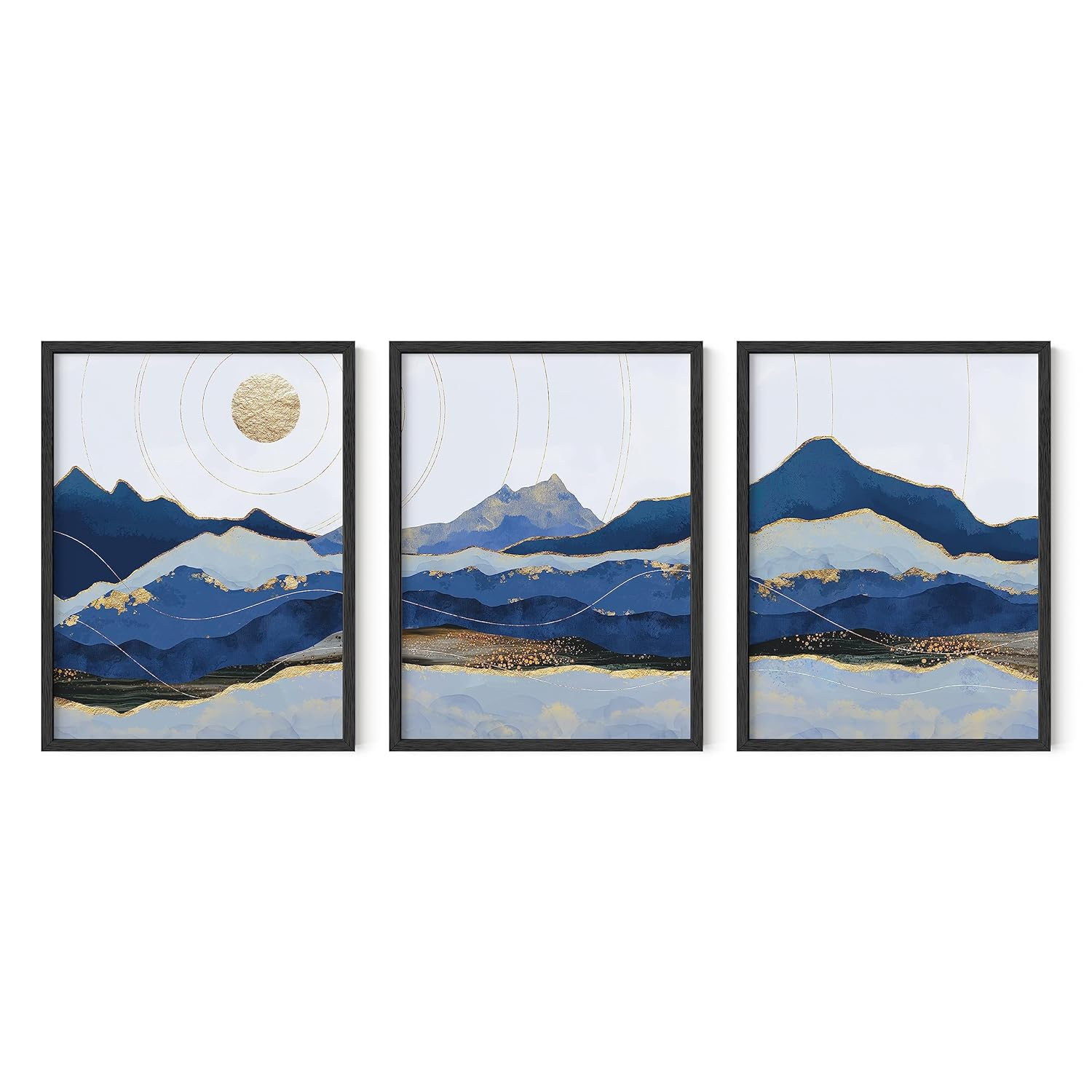 HAUS AND HUES Mountain Wall Art - Blue Wall Decor Nature Wall Art Set of 3, Modern Wall Decor, Landscape Wall Art, Abstract Art Wall Decor, Mountain Art Framed Wall Art Set (12x16, Black Framed)