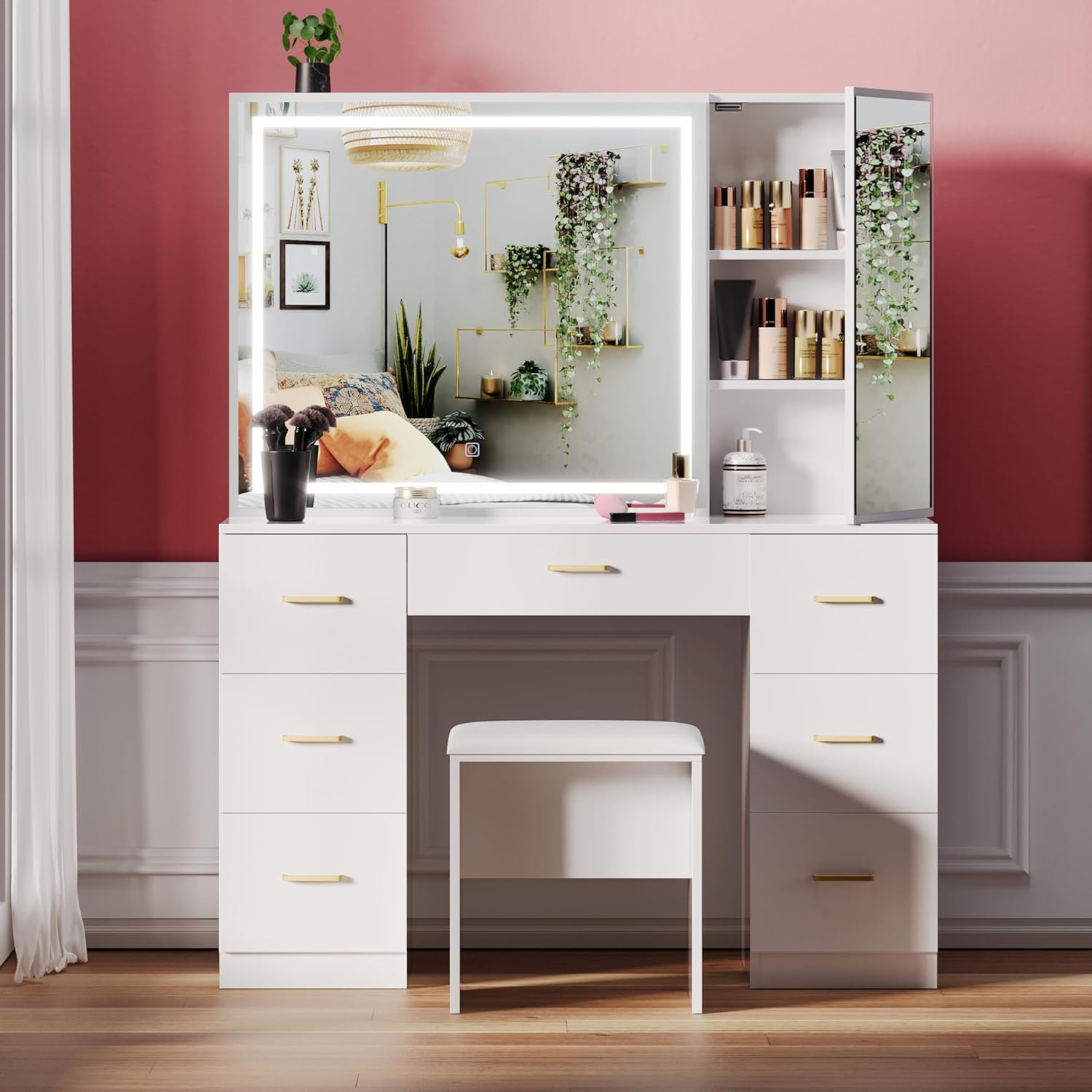 Vanity Desk with Lighted Mirror,Makeup Table with 7 Drawers,Wildhome Brand,Adult Age Group