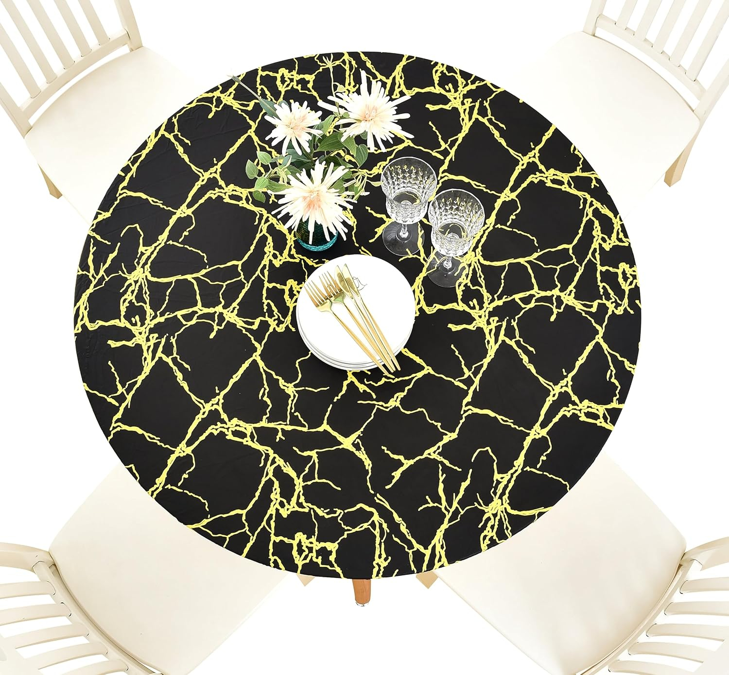 Rally Home Goods Indoor Outdoor Patio Round Fitted Vinyl Tablecloth, Flannel Backing, Elastic Edge, Waterproof Wipeable Plastic Cover, Beige Marble Pattern for 5-Seat Table of 36-42’’ Diameter