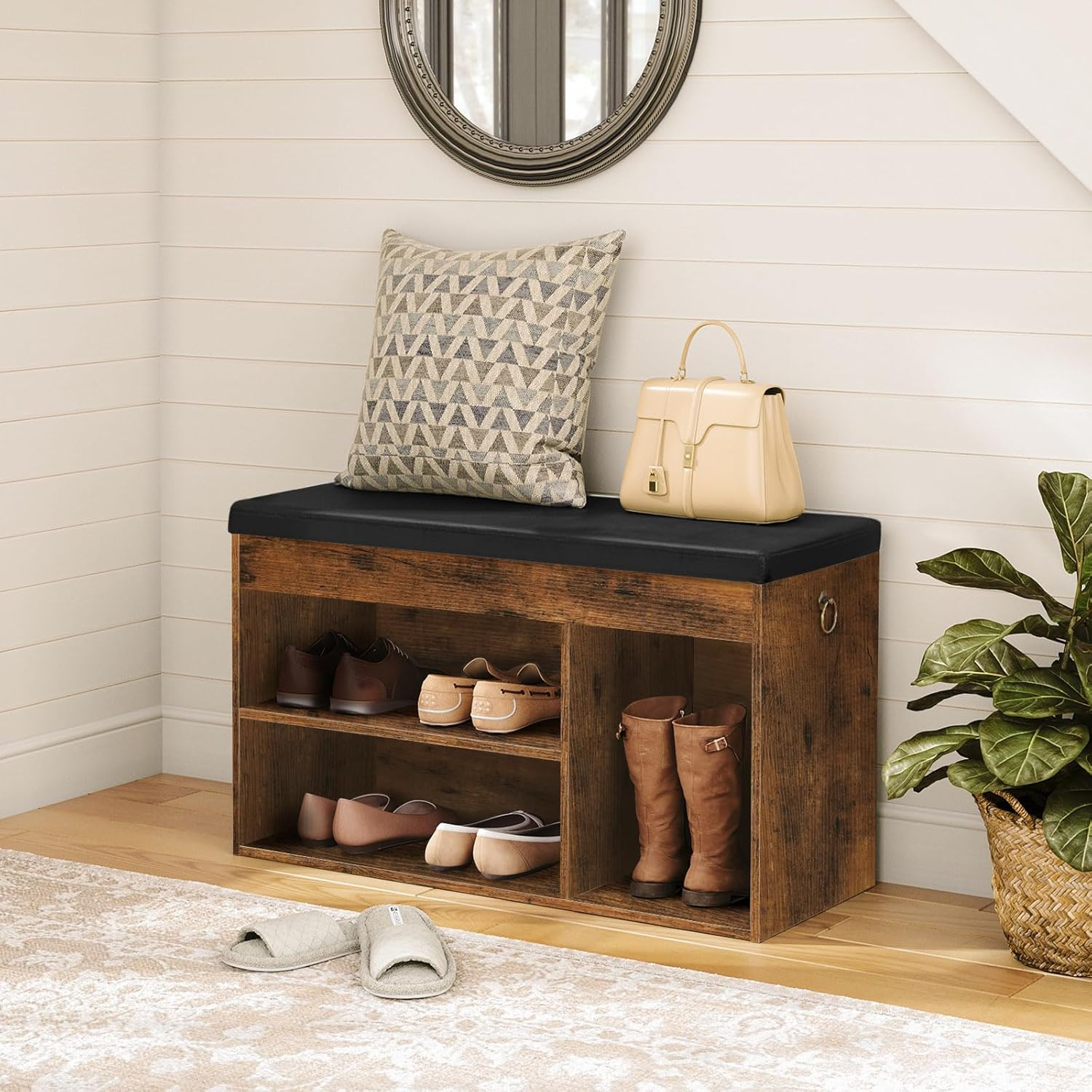 Shoe Storage Bench with Padded Cushion, Entryway Bench with Flip-Open Storage Box and Adjustable Shelf, Shoe Rack with Hidden Compartment, for Entryway, Living Room, Rustic Brown BF40HX01