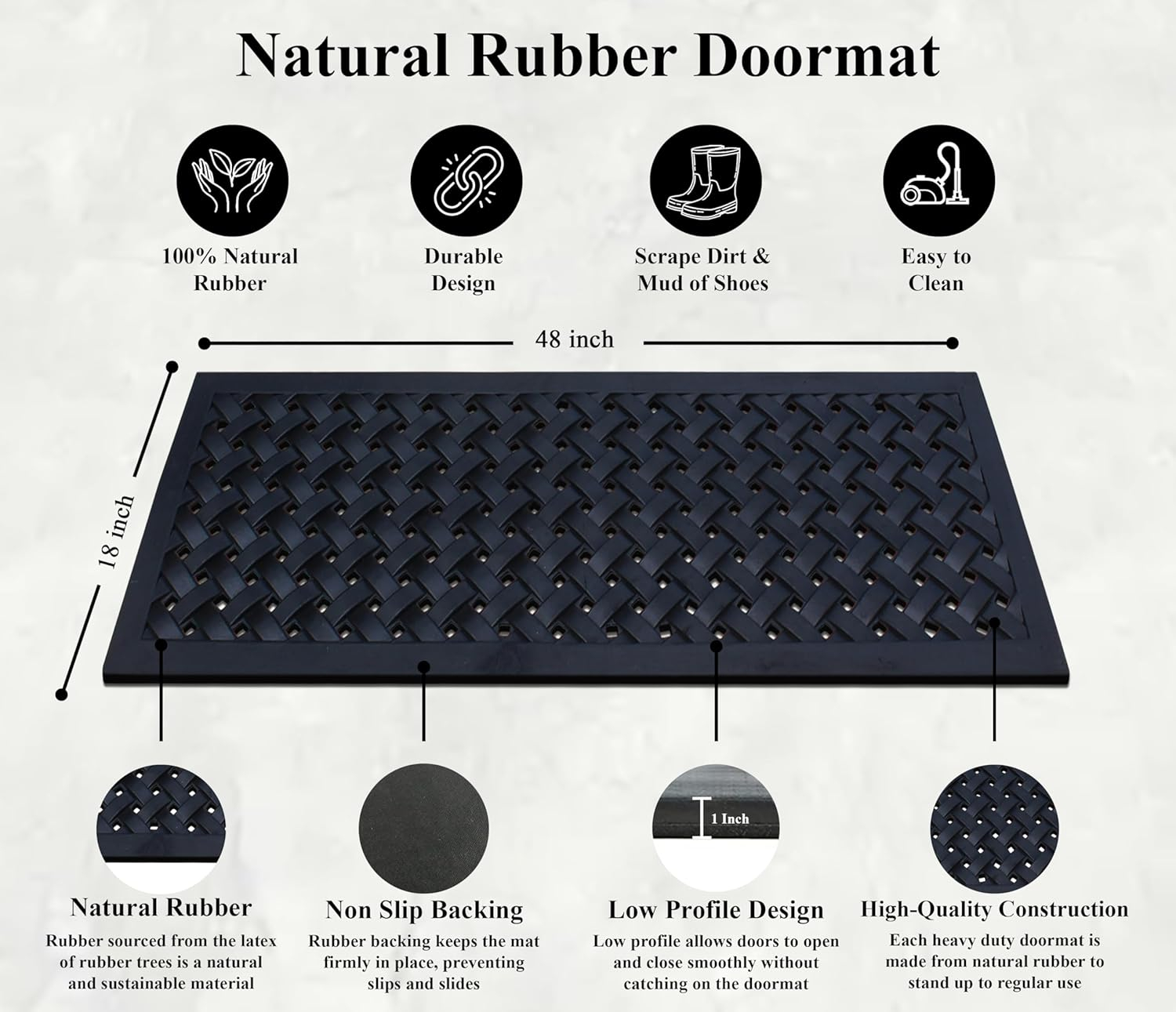 A1HC Outdoor Floor Mat, Natural Rubber, 18" x48”, Ideal for Outside entryway,Dirt Shoe Scraper,Heavy Duty Door mat for Indoor Outdoor,Rug Mats for Entry,Patio, Welcome Mats