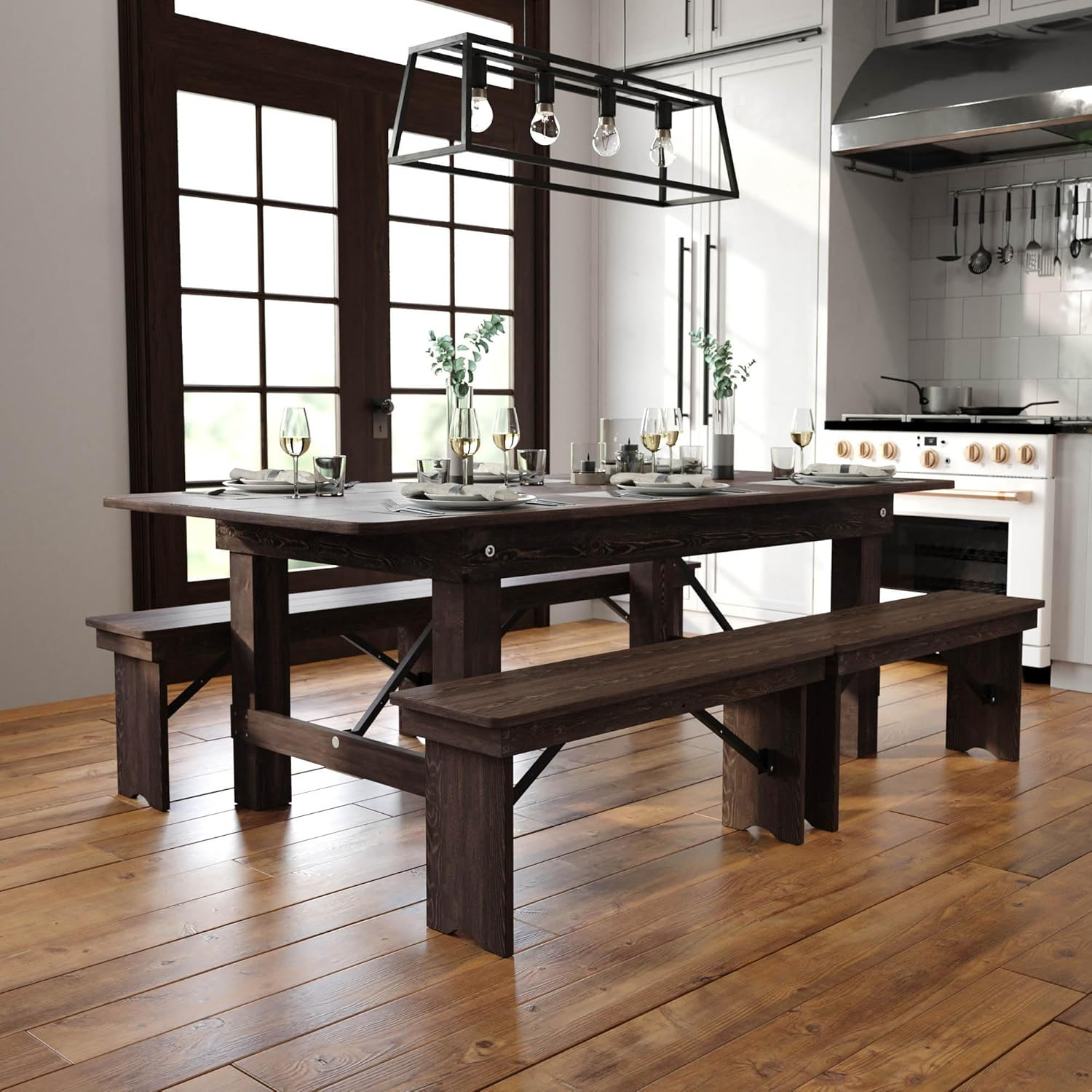 7' x 40'' Rectangular Solid Pine Folding Farm Dining Table in Black Wash Finish