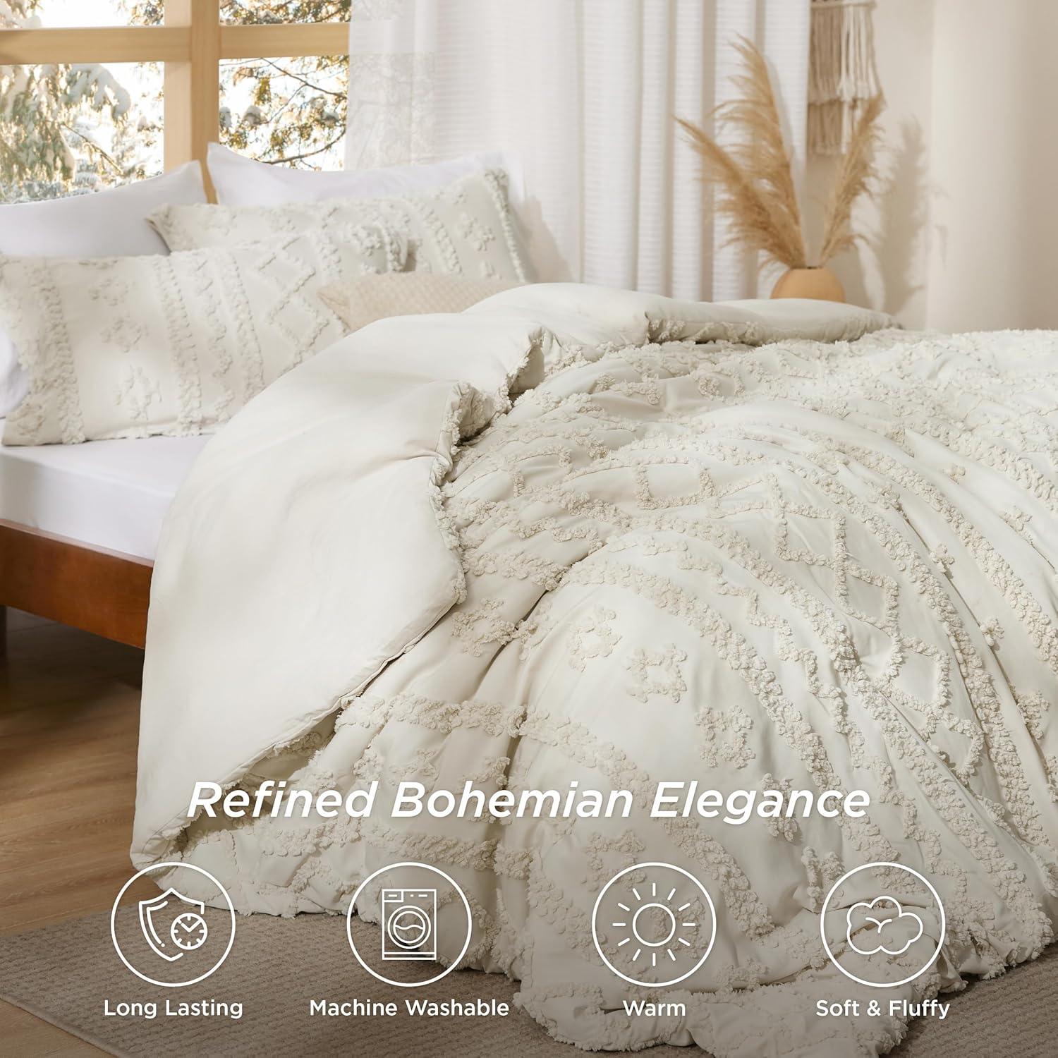 Bedsure Tufted Boho Comforter Set California King - Bright White Boho Bed Set, GentleSoft™ 3 Pieces Farmhouse Shabby Chic Embroidery Bedding, Gifts for Woman, Soft Jacquard Comforter for All Seasons