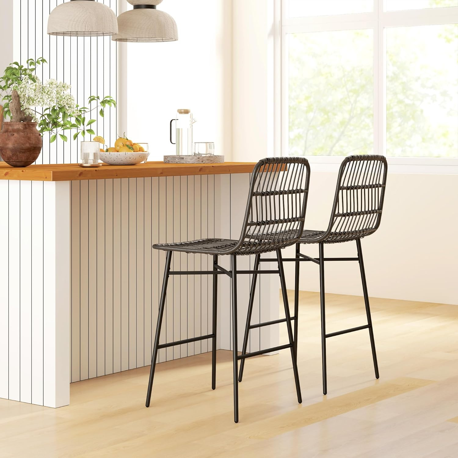 HOMCOM Rattan Counter Height Bar Stools Set of 2 Barstools with Back, Black