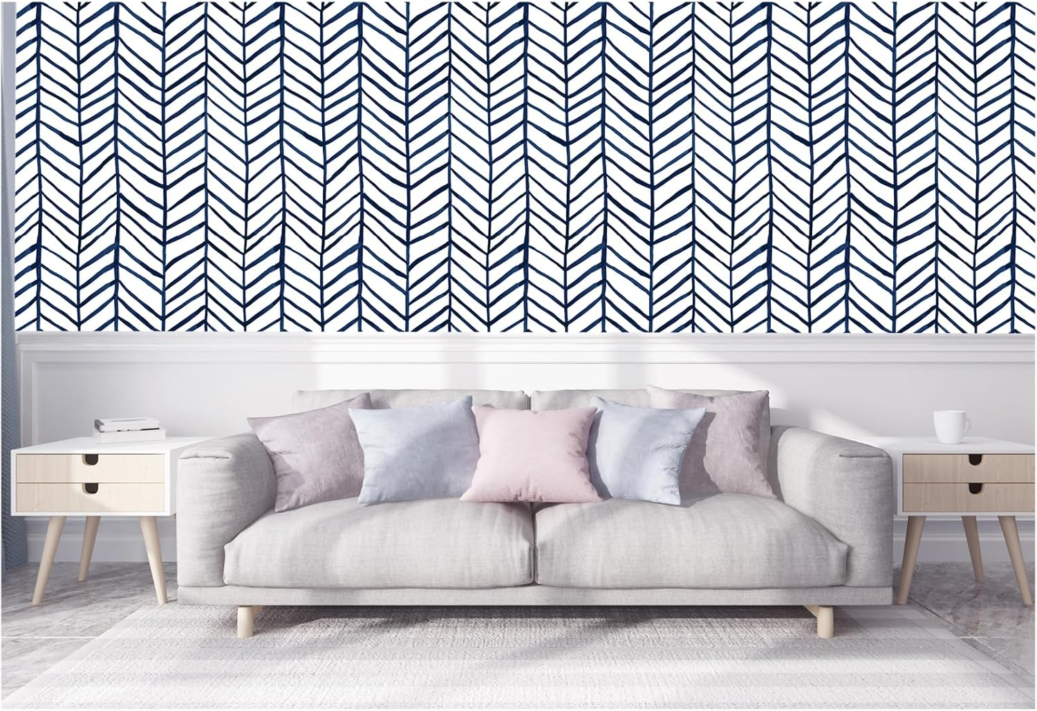 HAOKHOME Blue Wallpaper Navy Peel and Stick Wall Paper Modern Stripe for Bathroom Herringbone Removable Decoration 17.7in x 32.8ft