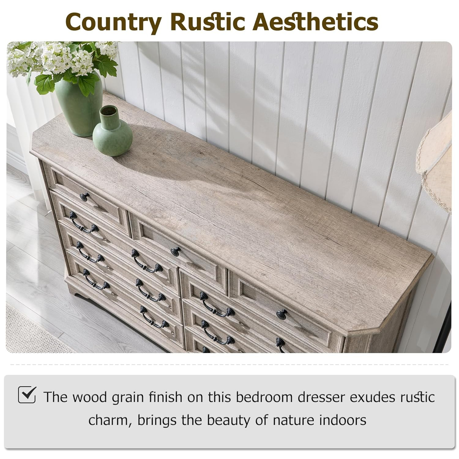 Light Rustic Oak Farmhouse 9-Drawer Wood Dresser