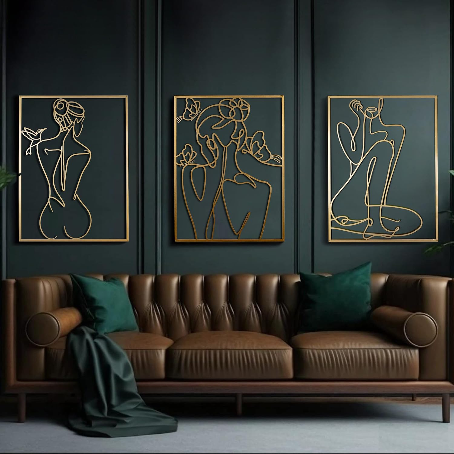XL Gold Metal Wall Art - 18 x 24 Inches - 3 Piece Decor for Living Room - Female Framed Art - Extra Thick With Screws Included