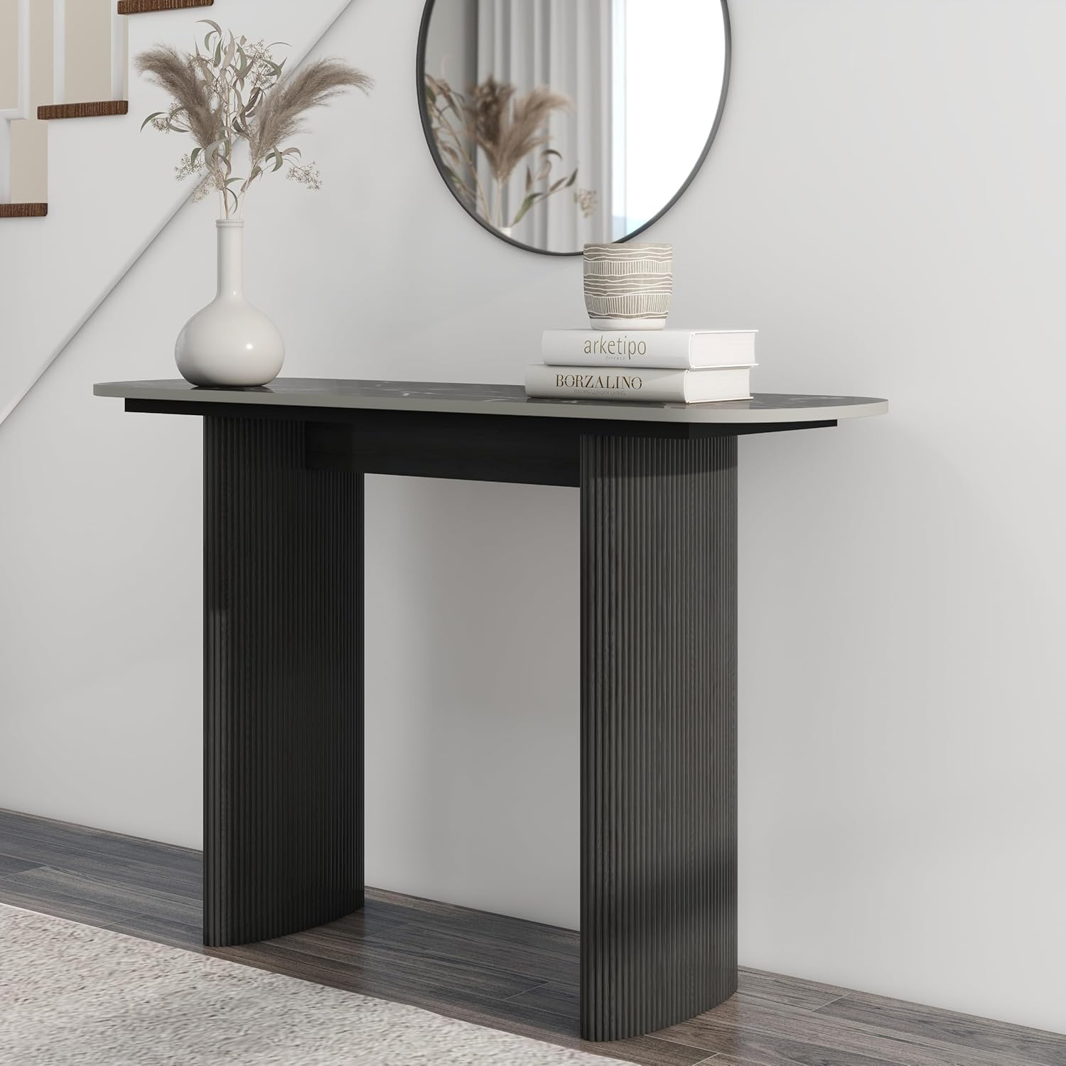 Black Marble Top Console Table with Fluted Wooden Base