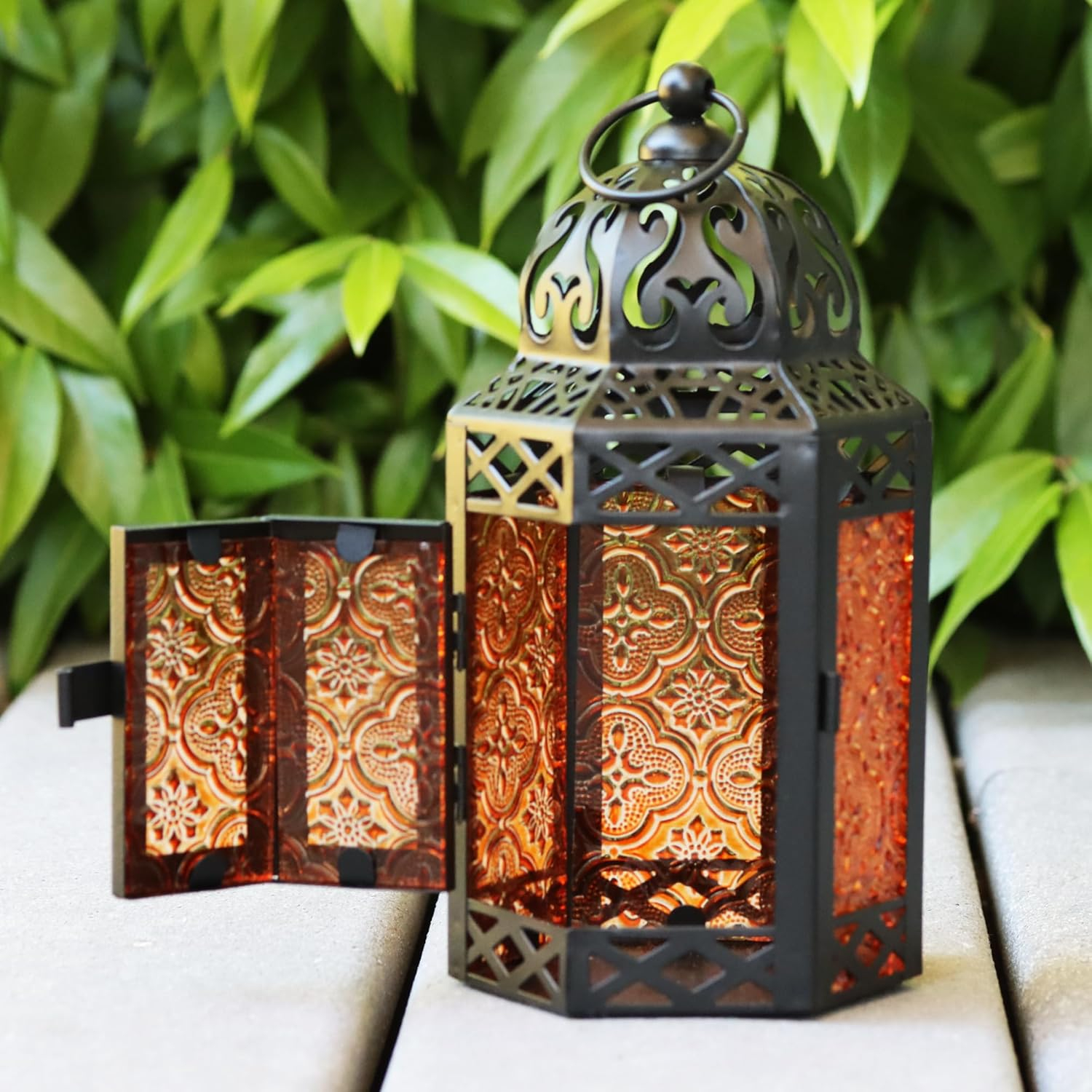 Small Black Metal Moroccan Lantern with Amber Glass Panels