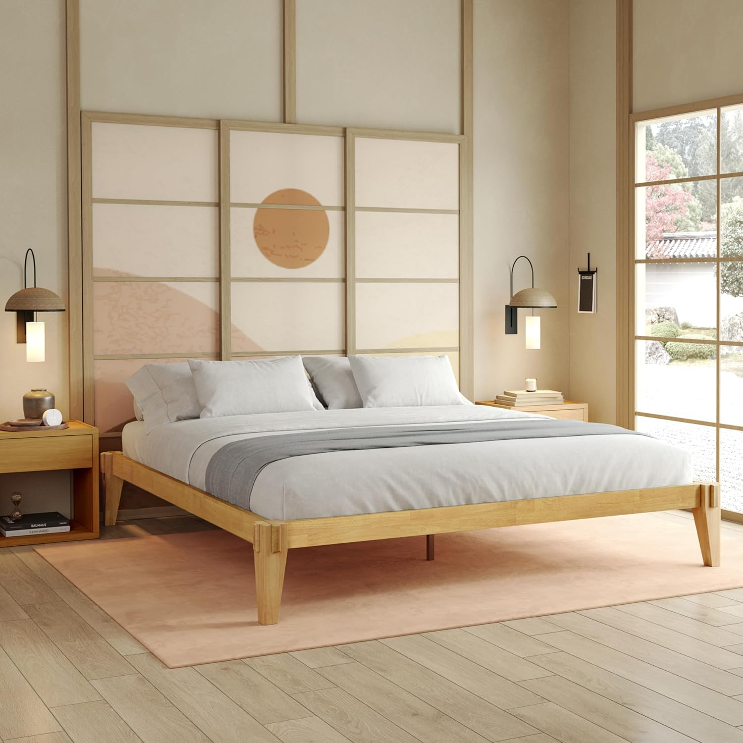 Natural Wood King Platform Bed Frame with Storage