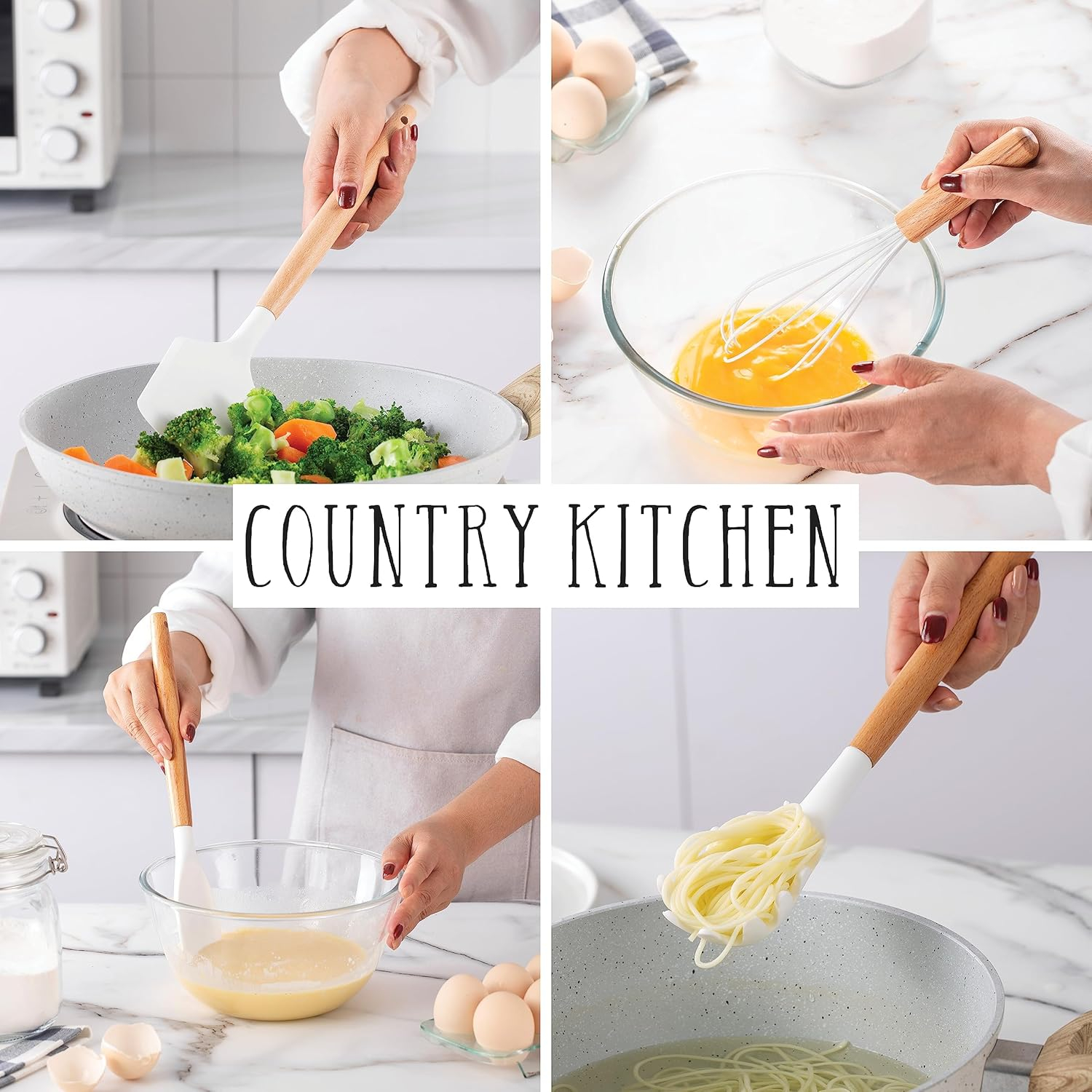 14pcs Kitchen Silicone Cooking Utensils Set,Non-Stick,Wooden Handle,White