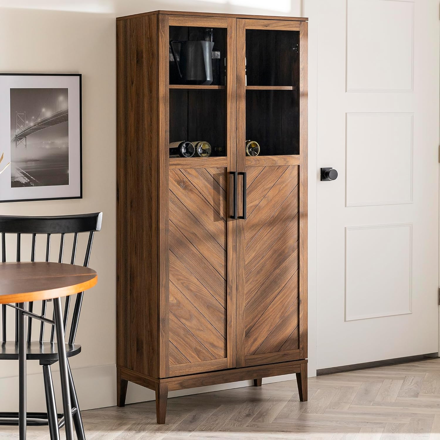 Walker Edison Emma Boho Chevron 2 Door Glass Window Hutch with Bottle Storage, 68 Inch, Dark Walnut