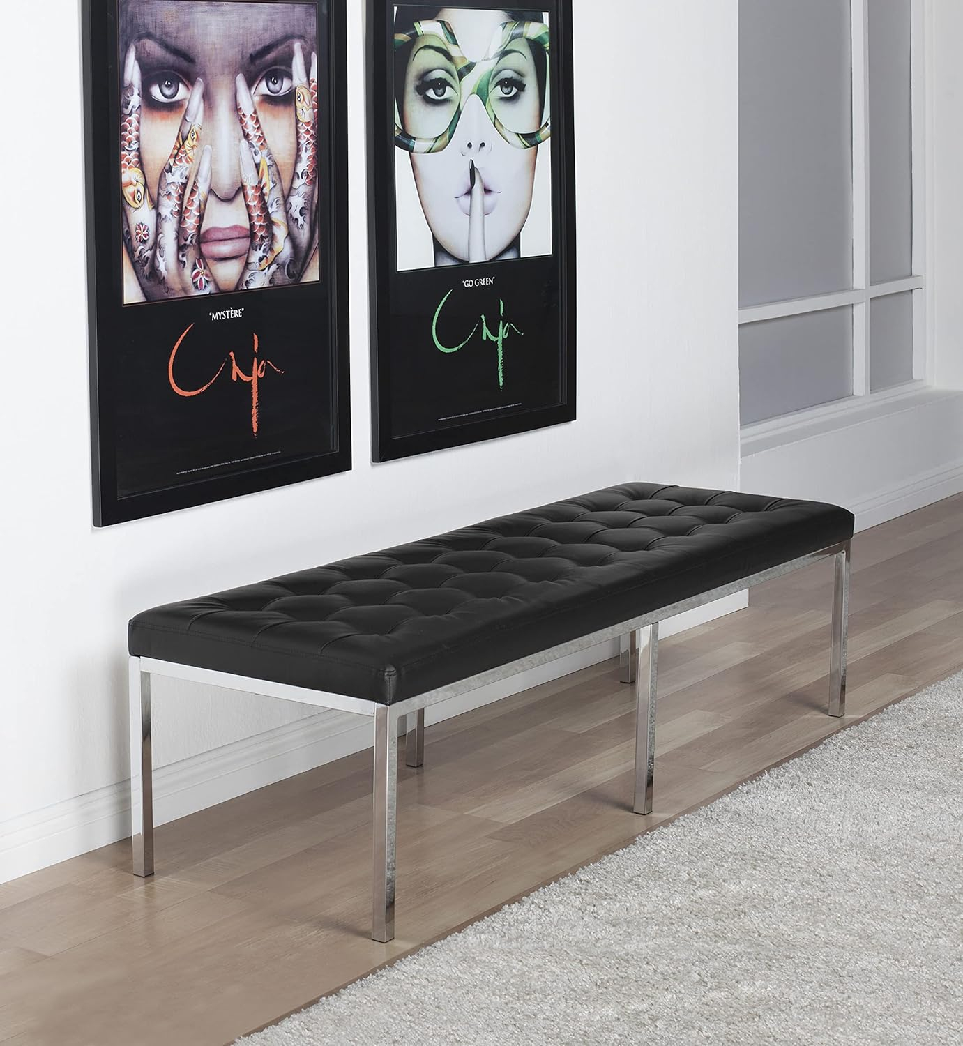 Lintel 60'' Ebony Bonded Leather Tufted Bench with Chrome Finish