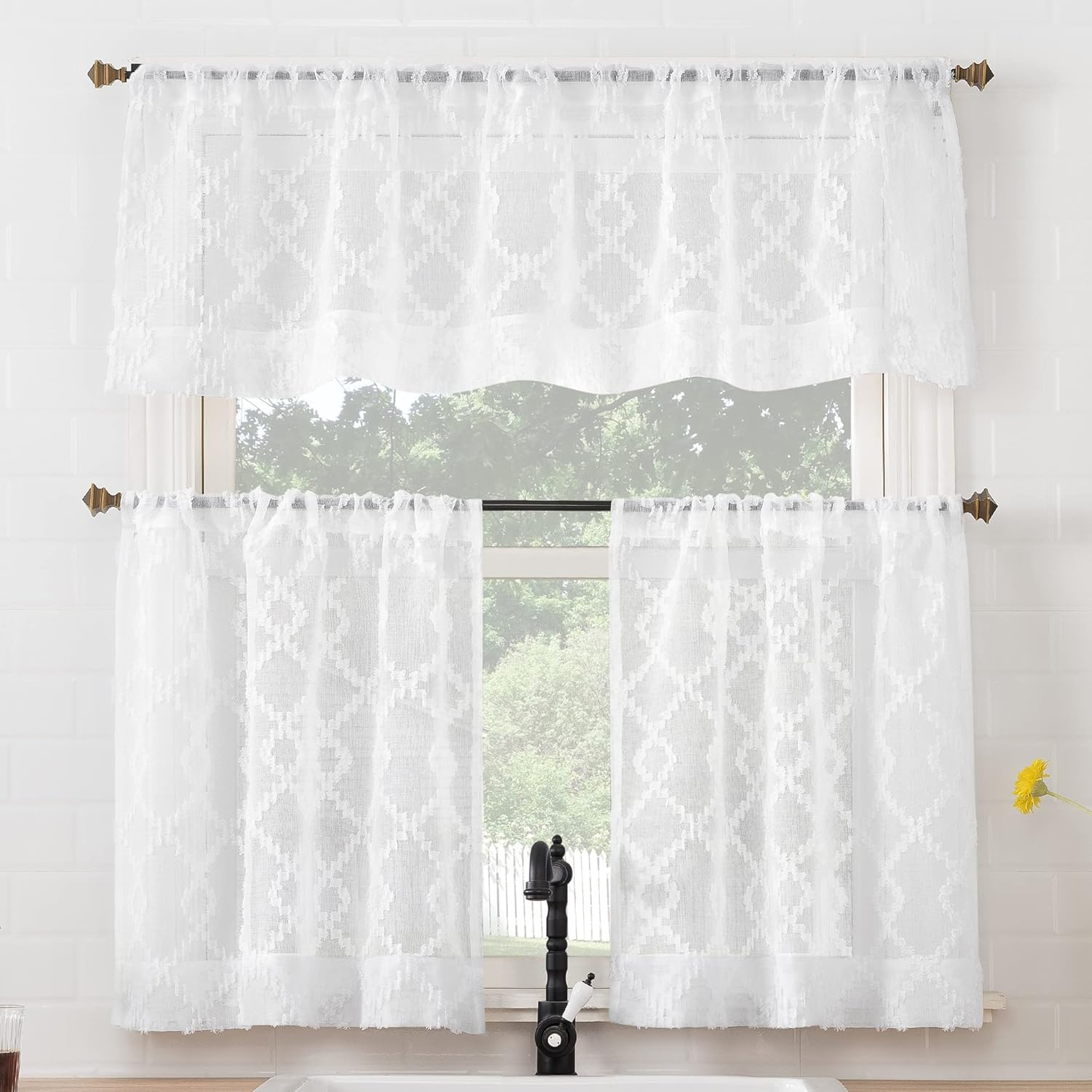 No. 918 Tina Geometric Clipped Semi-Sheer Rod Pocket Kitchen Curtains, 54"x36"