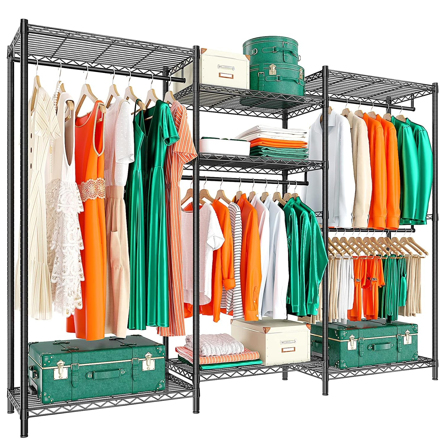 Raybee Clothes Rack Heavy Duty Load 840 LBS Adjustable Clothing Rack for Hanging Clothes,Metal Portable and Sturdy, 76.8" H x 68.8" W x 16.8" D Black