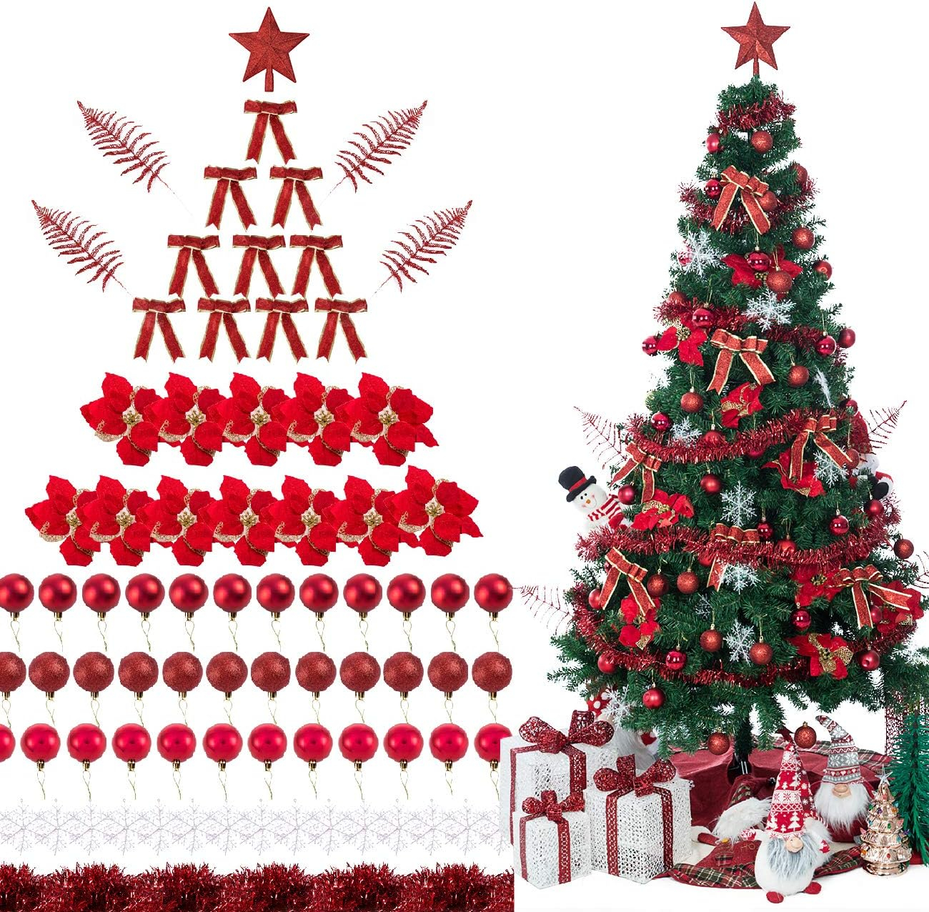 Bibana 94 PCS Christmas Tree Ornaments Set with Glitter Poinsettia, Bows, Ribbons, Leaves & Assorted Decoration Ball for Xmas Tree Holiday Wedding Party Decorations (Red)